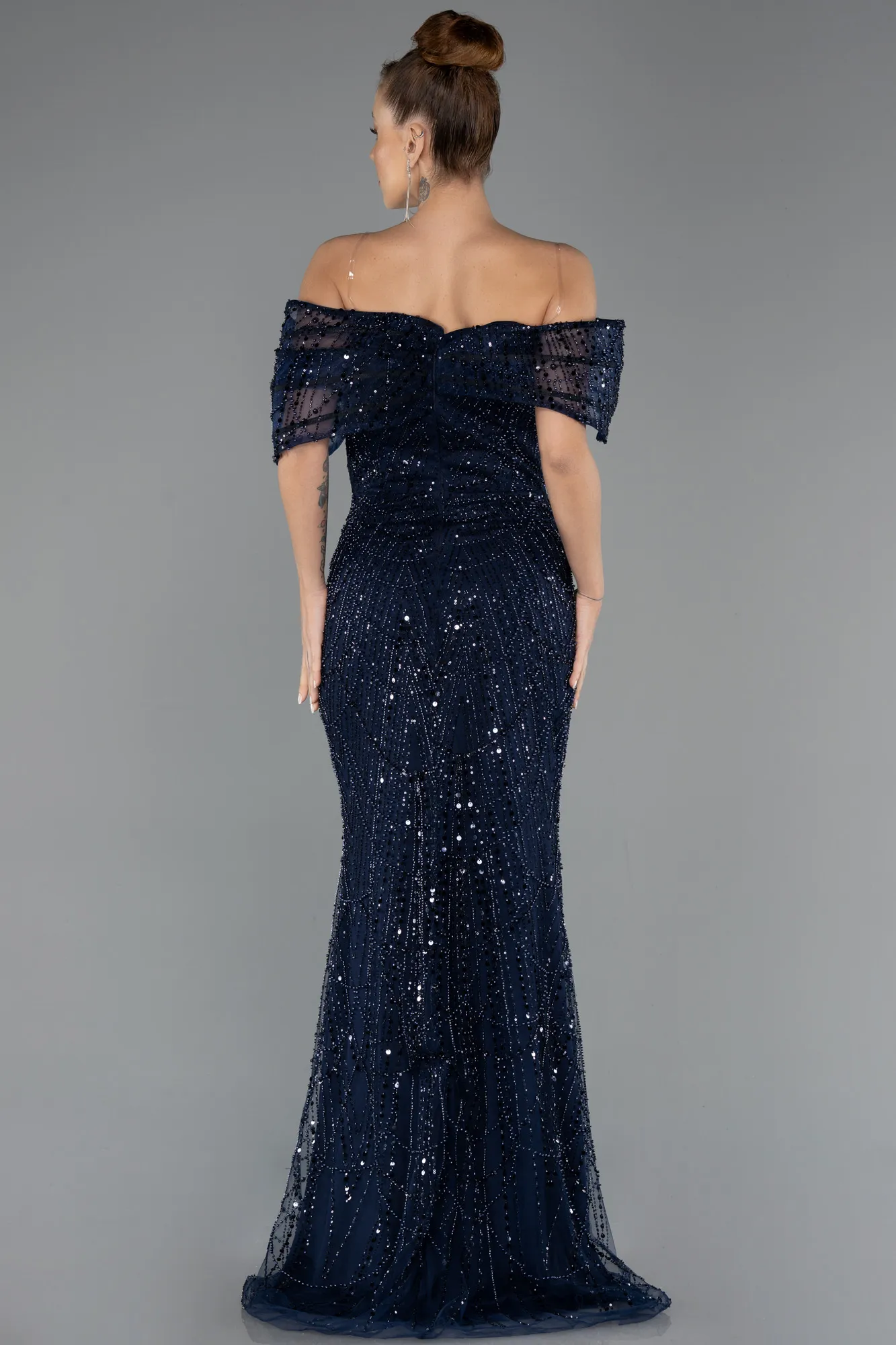 Navy Blue-Long Beaded Evening Dress ABU5371
