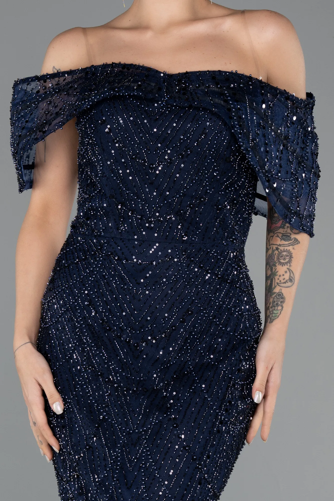 Navy Blue-Long Beaded Evening Dress ABU5371