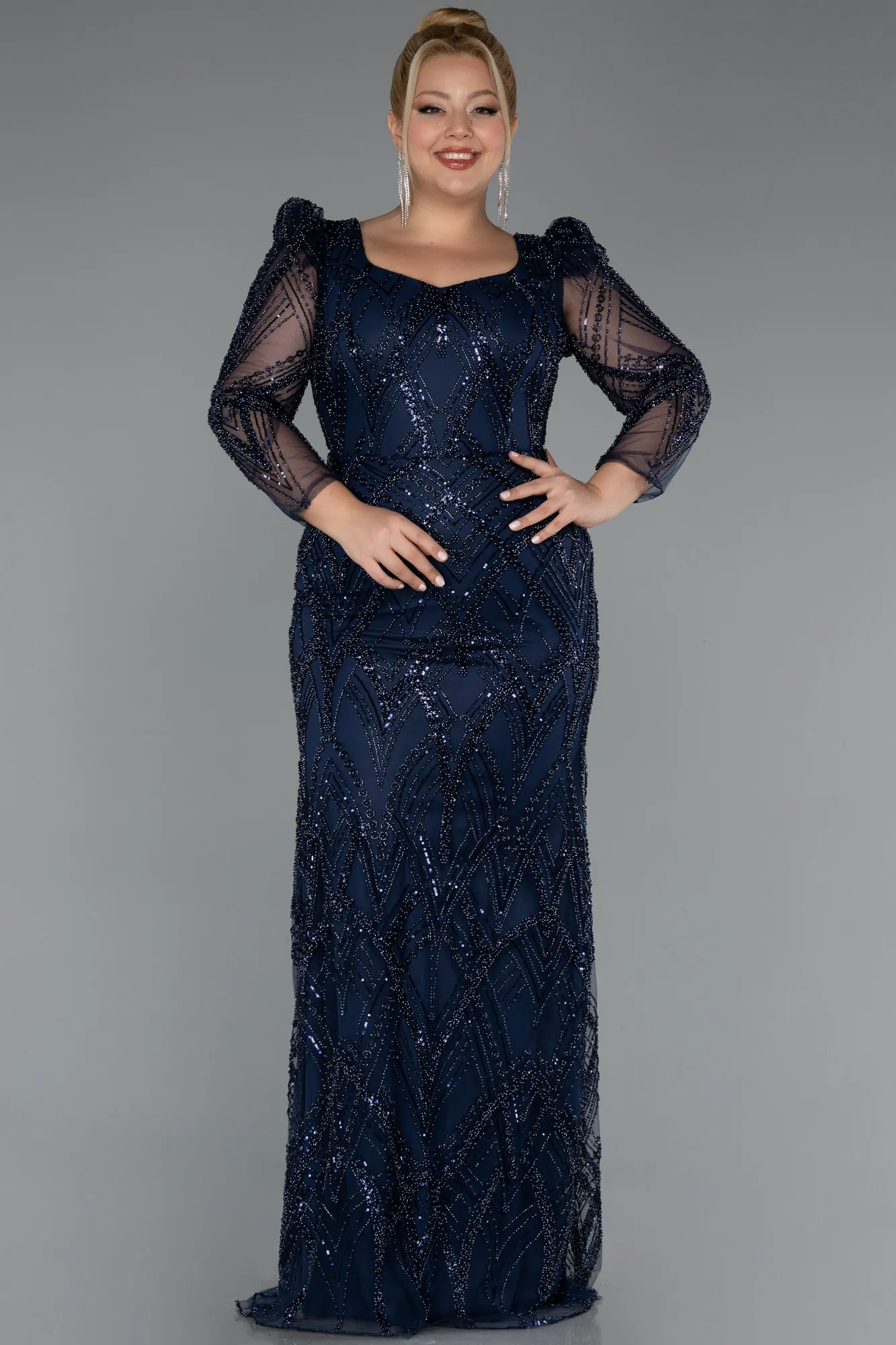 Navy Blue-Long Beaded Evening Dress ABU5387