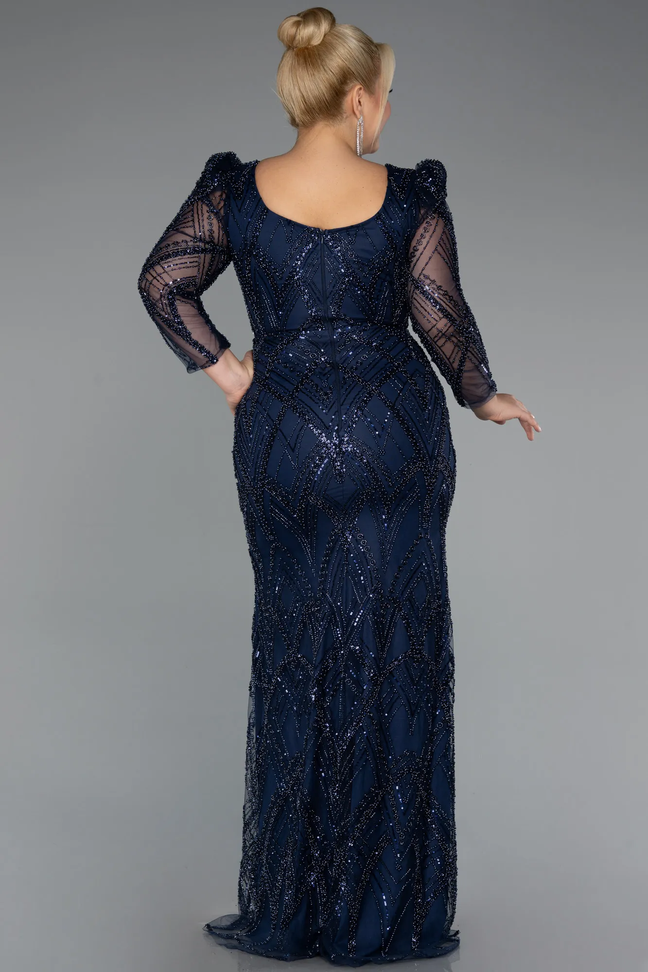 Navy Blue-Long Beaded Evening Dress ABU5387