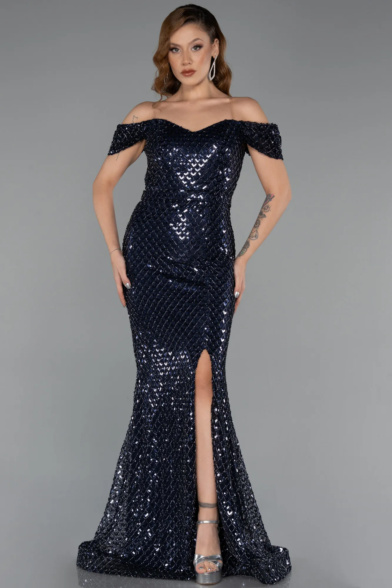 Navy Blue-Long Beaded Evening Dress ABU5401