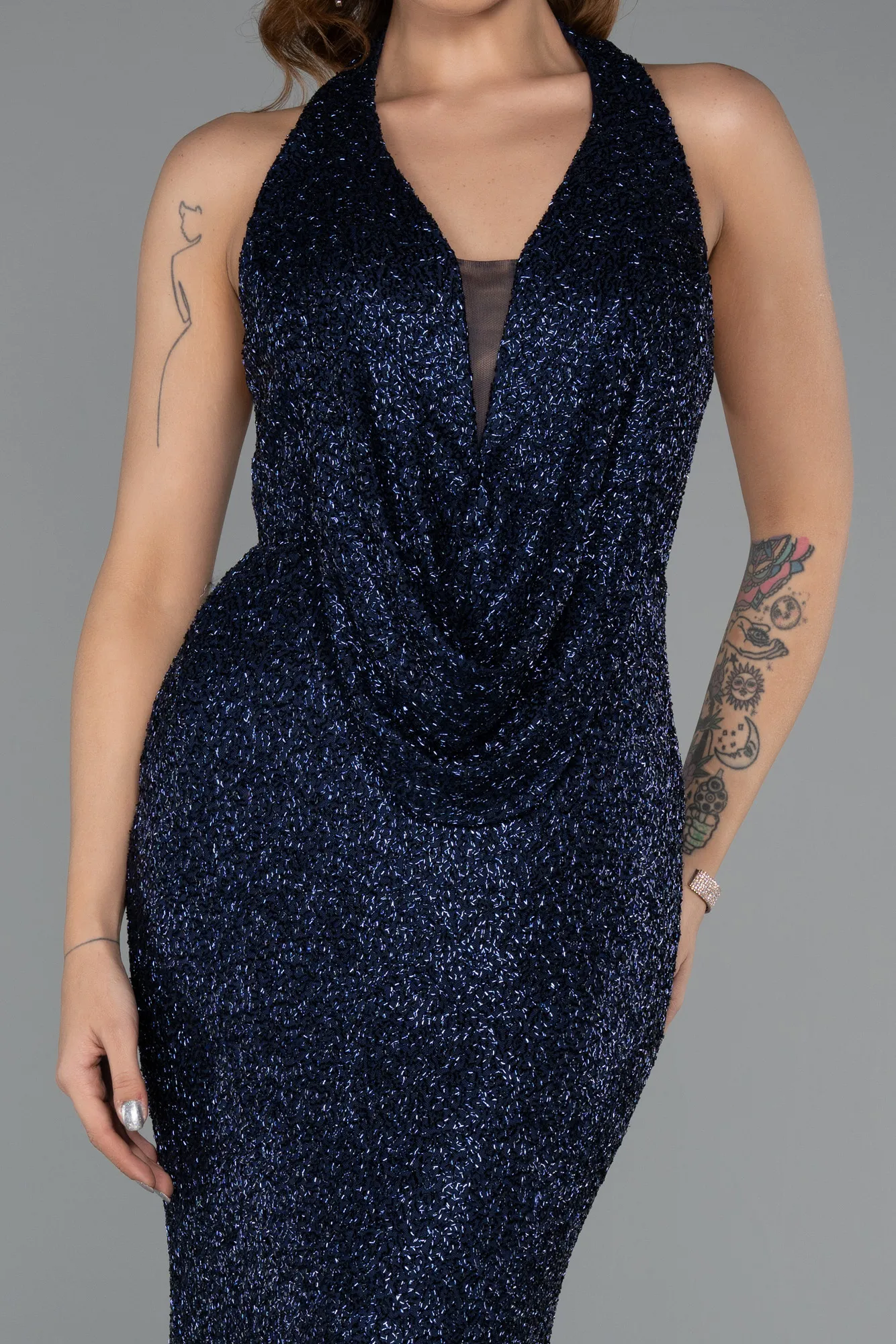 Navy Blue-Long Beaded Evening Dress ABU5403