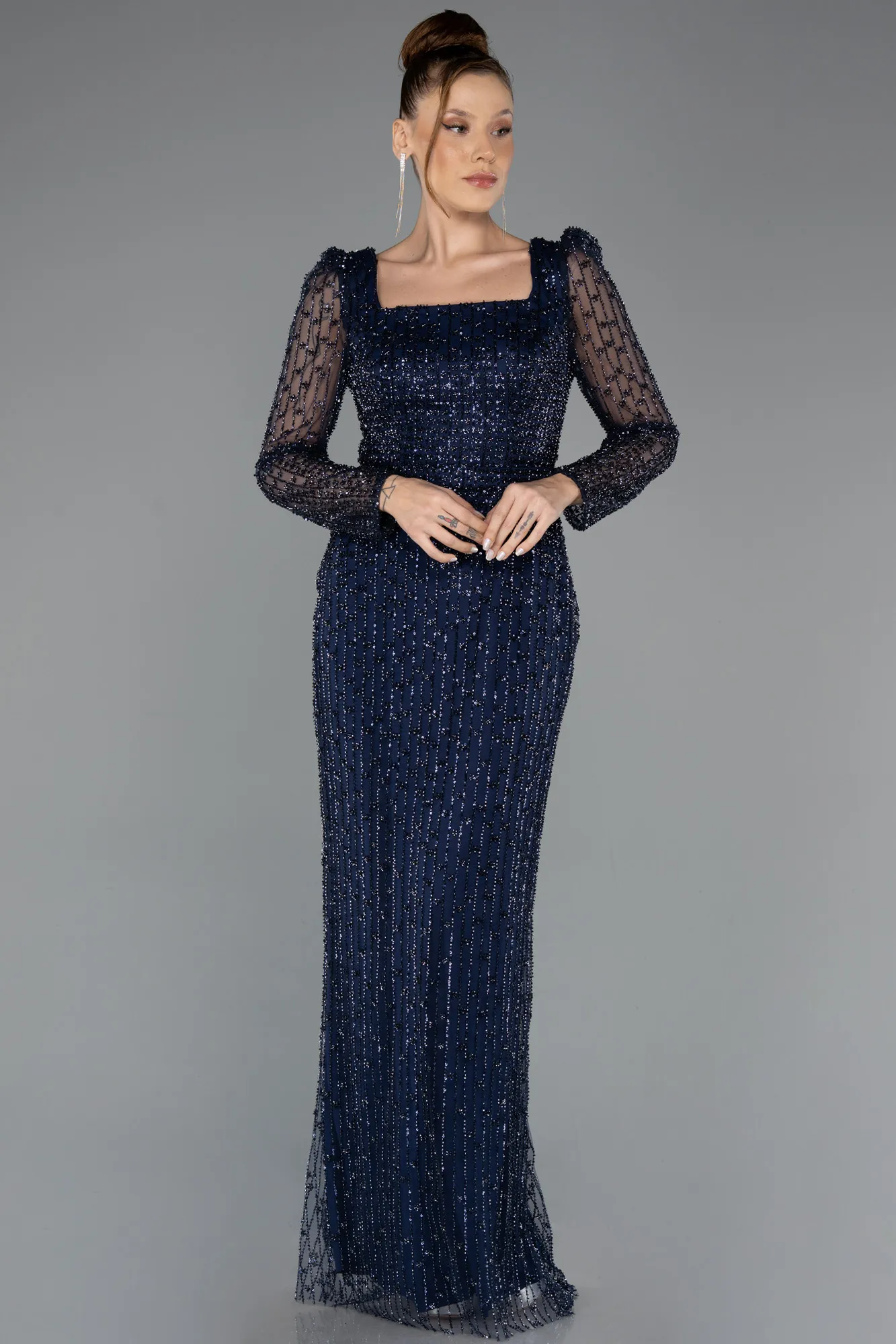 Navy Blue-Long Beaded Evening Dress ABU5431