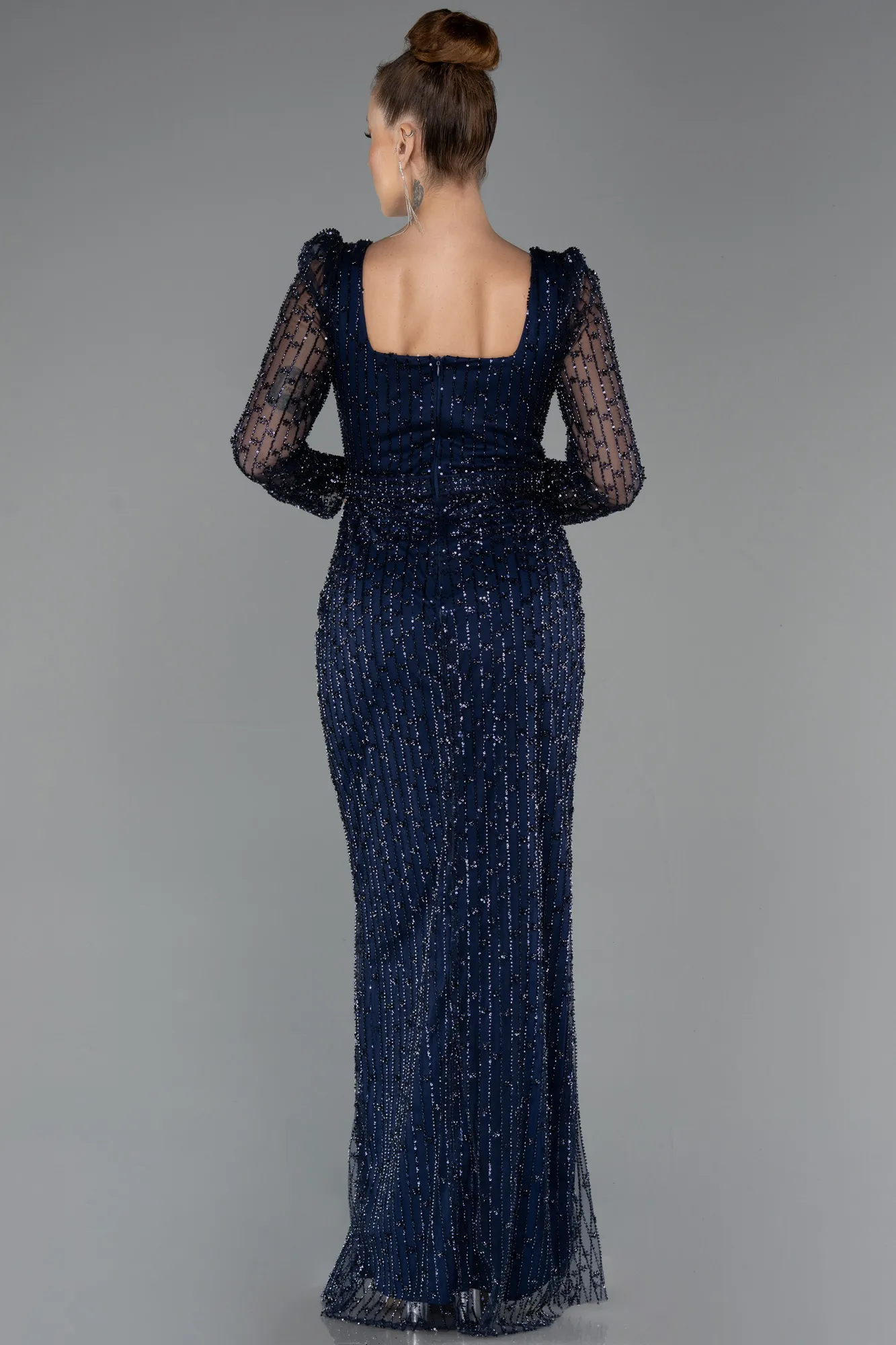 Navy Blue-Long Beaded Evening Dress ABU5431