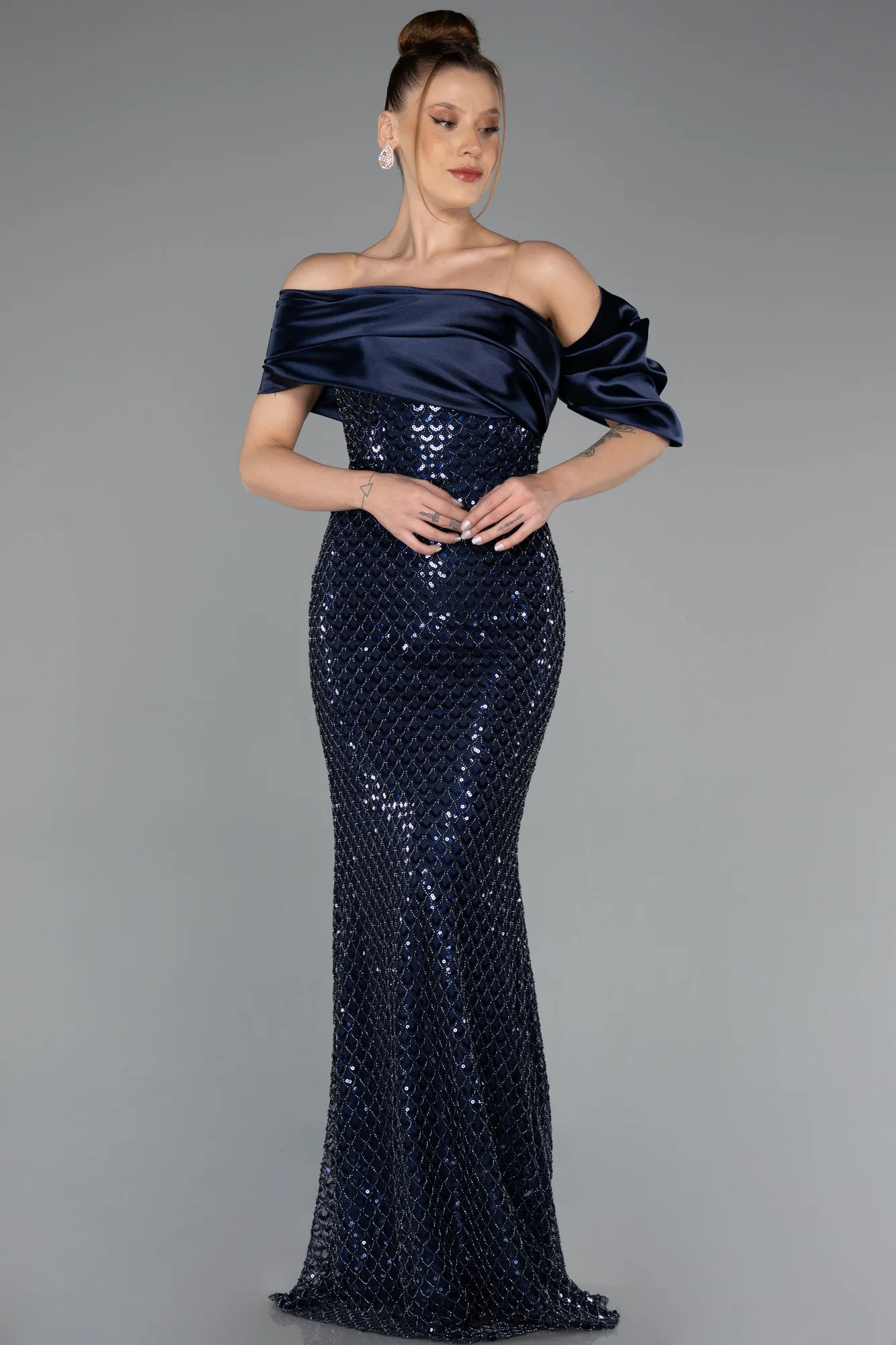 Navy Blue-Long Beaded Evening Dress ABU5434