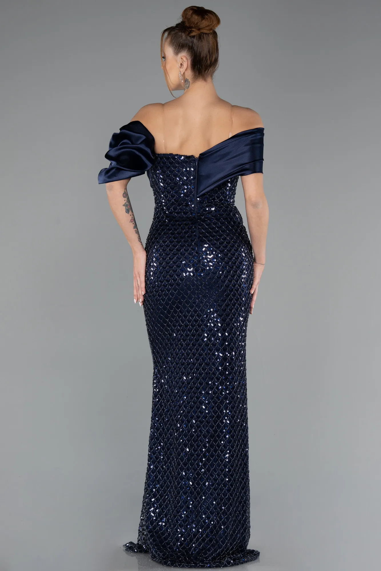 Navy Blue-Long Beaded Evening Dress ABU5434