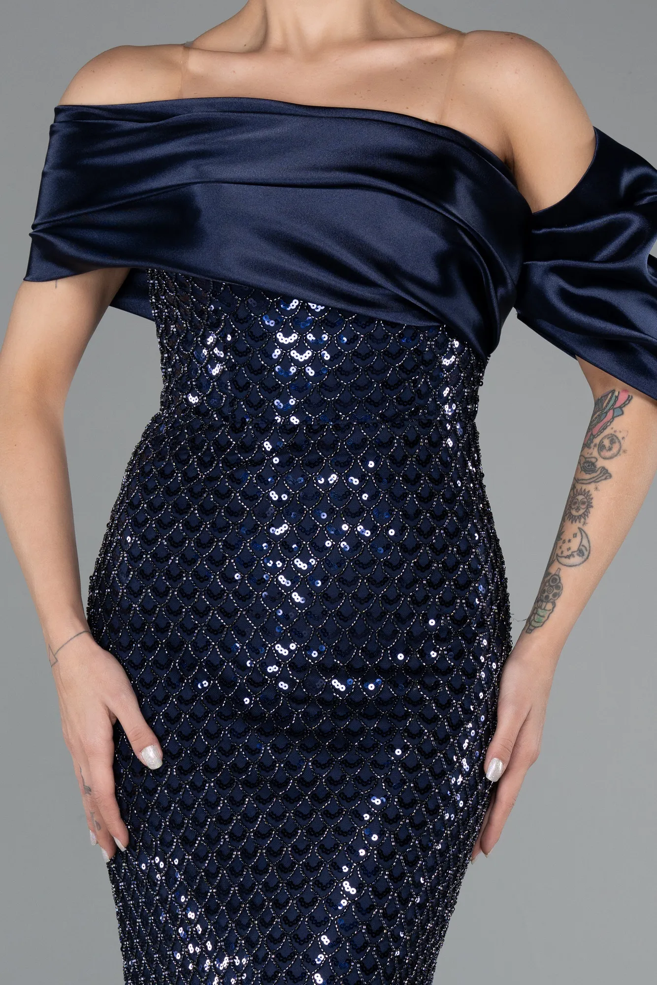 Navy Blue-Long Beaded Evening Dress ABU5434