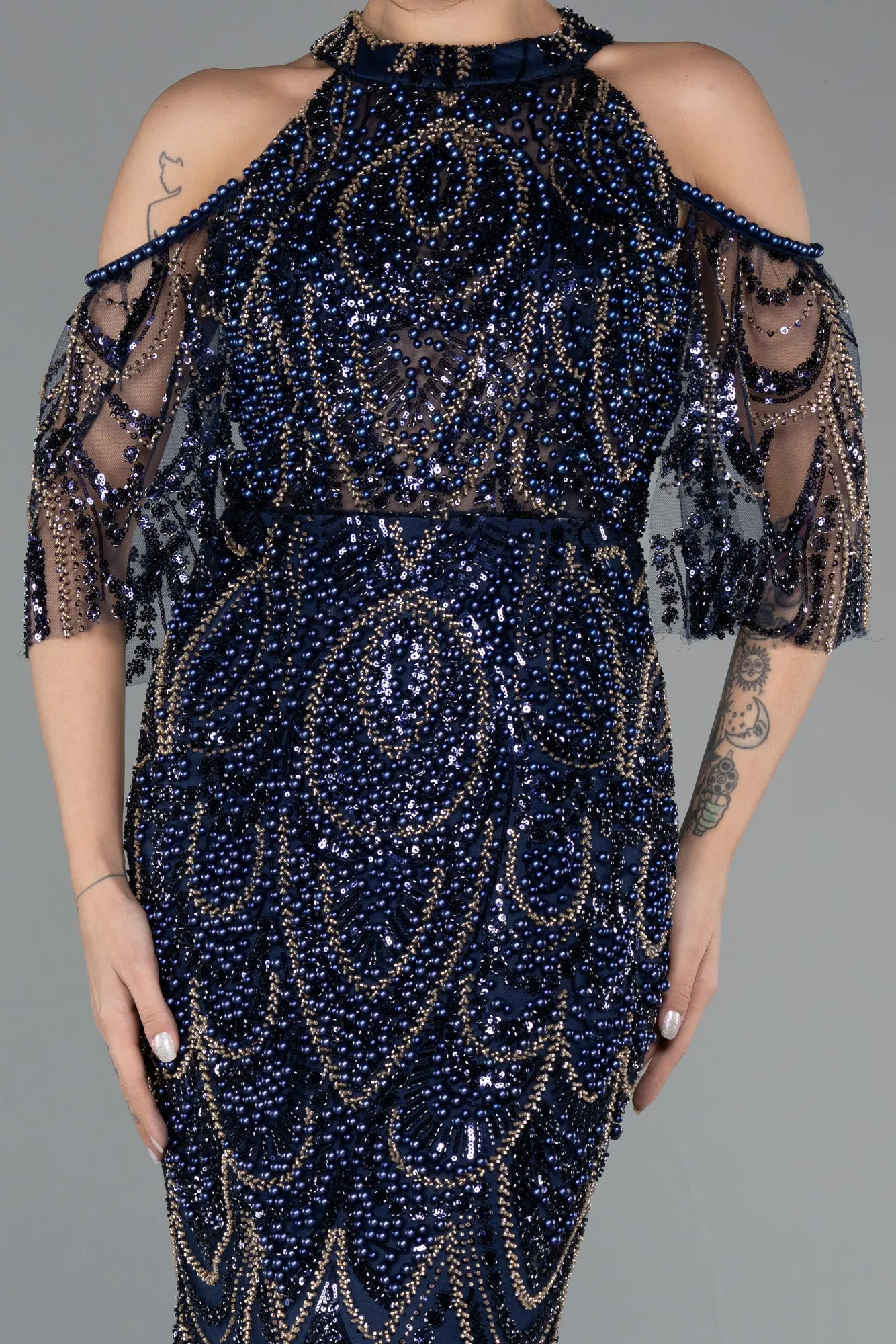 Navy Blue-Long Beaded Evening Dress ABU5435