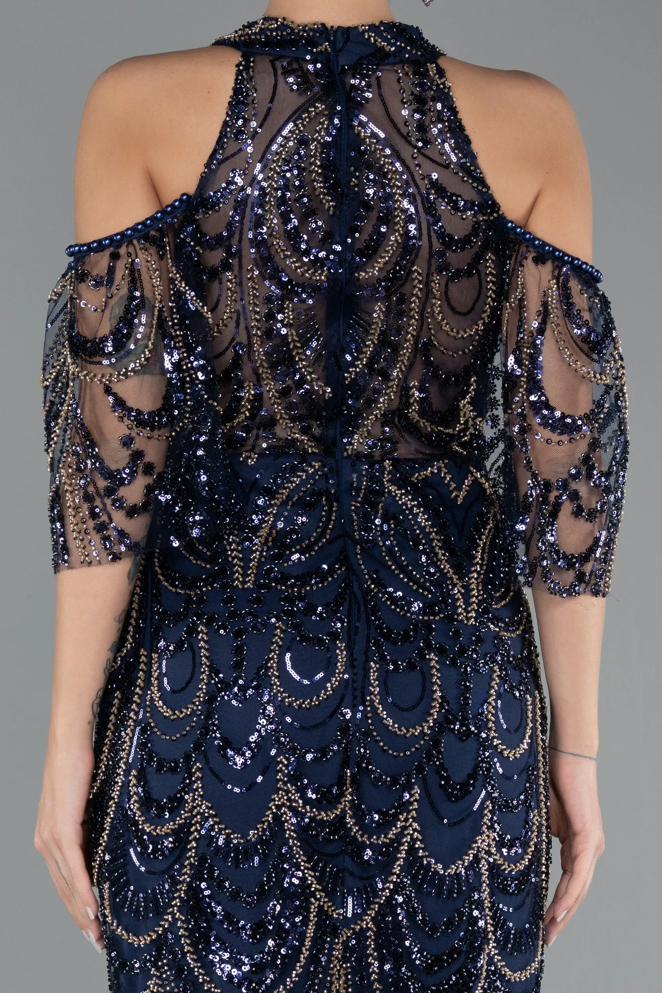 Navy Blue-Long Beaded Evening Dress ABU5435