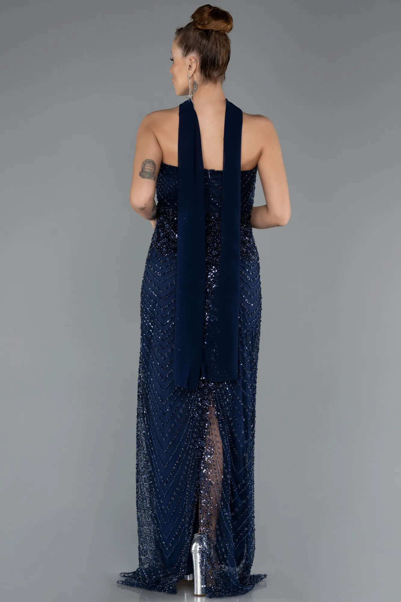 Navy Blue-Long Beaded Evening Dress ABU5438