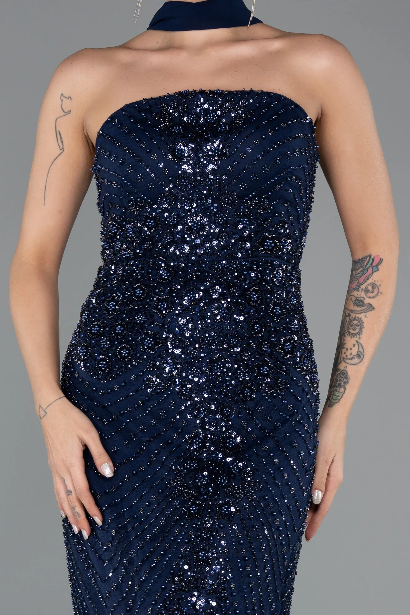 Navy Blue-Long Beaded Evening Dress ABU5438