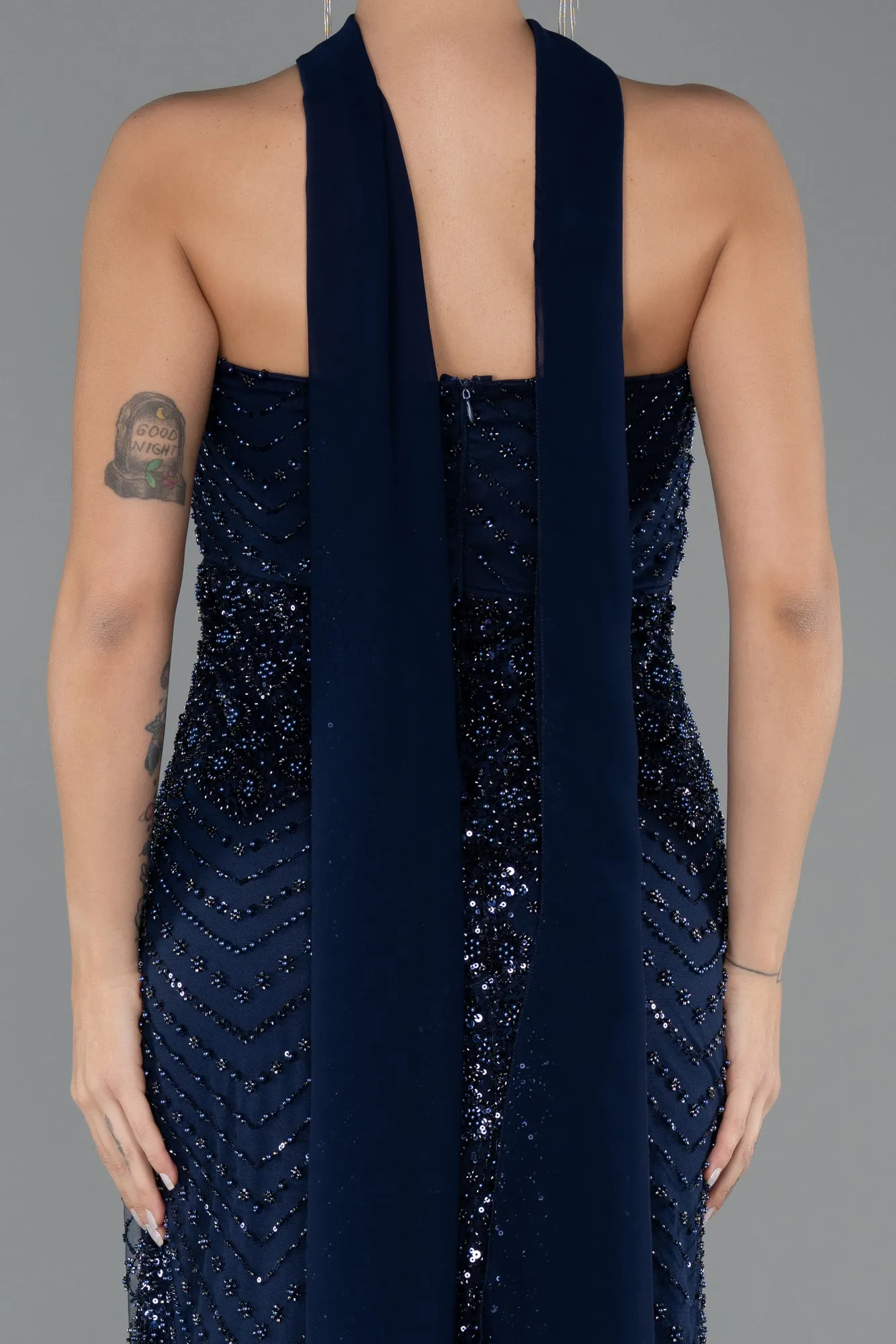 Navy Blue-Long Beaded Evening Dress ABU5438