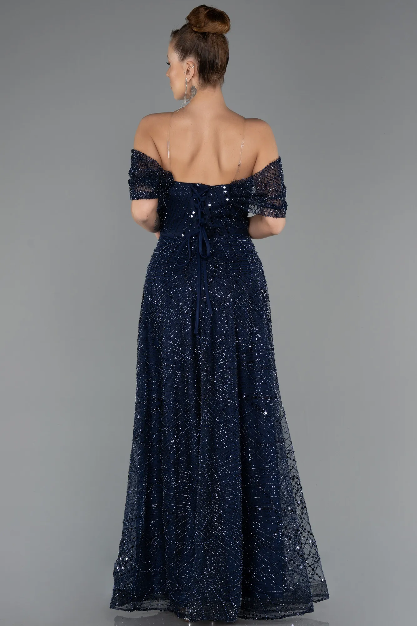 Navy Blue-Long Beaded Evening Dress ABU5443