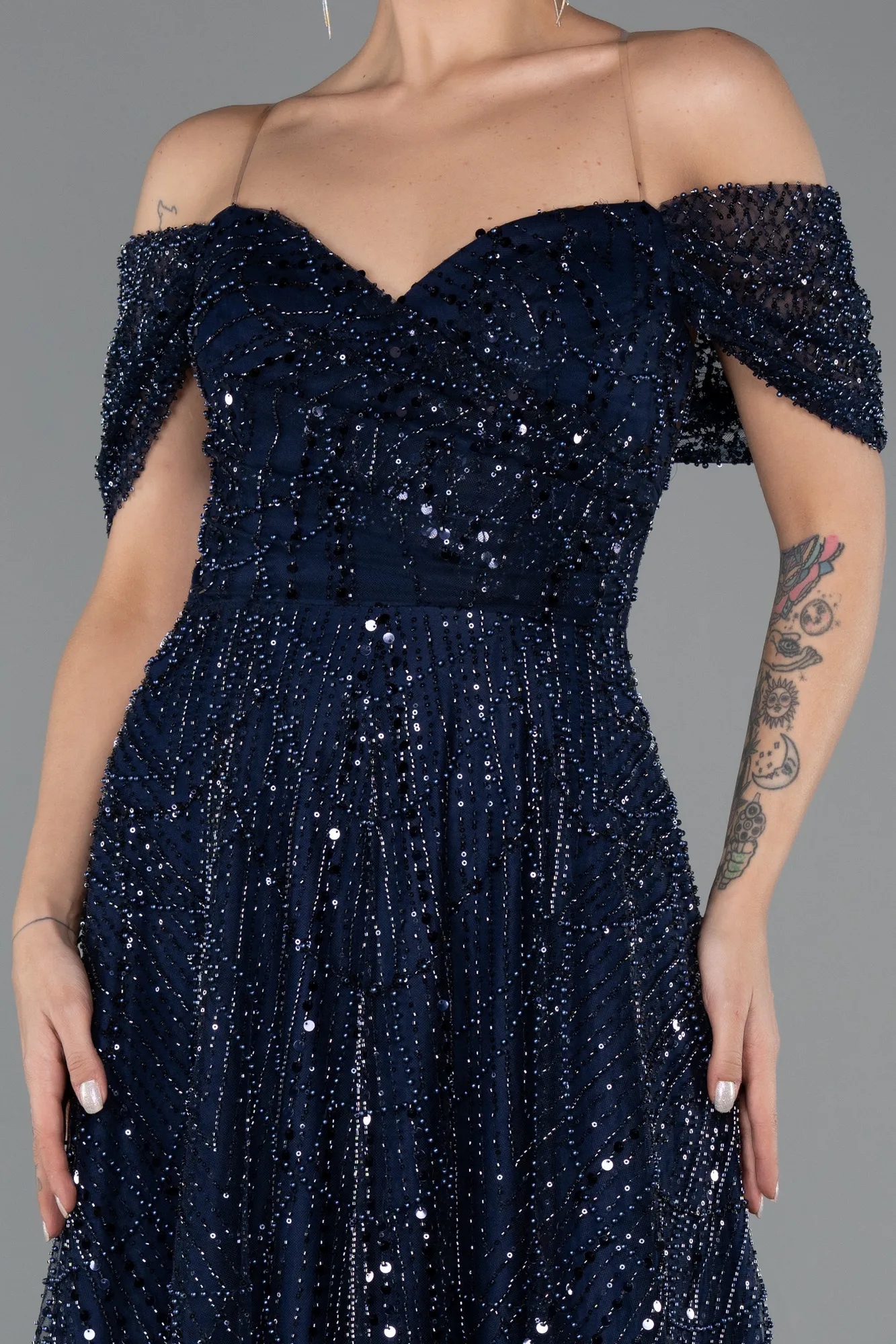 Navy Blue-Long Beaded Evening Dress ABU5443