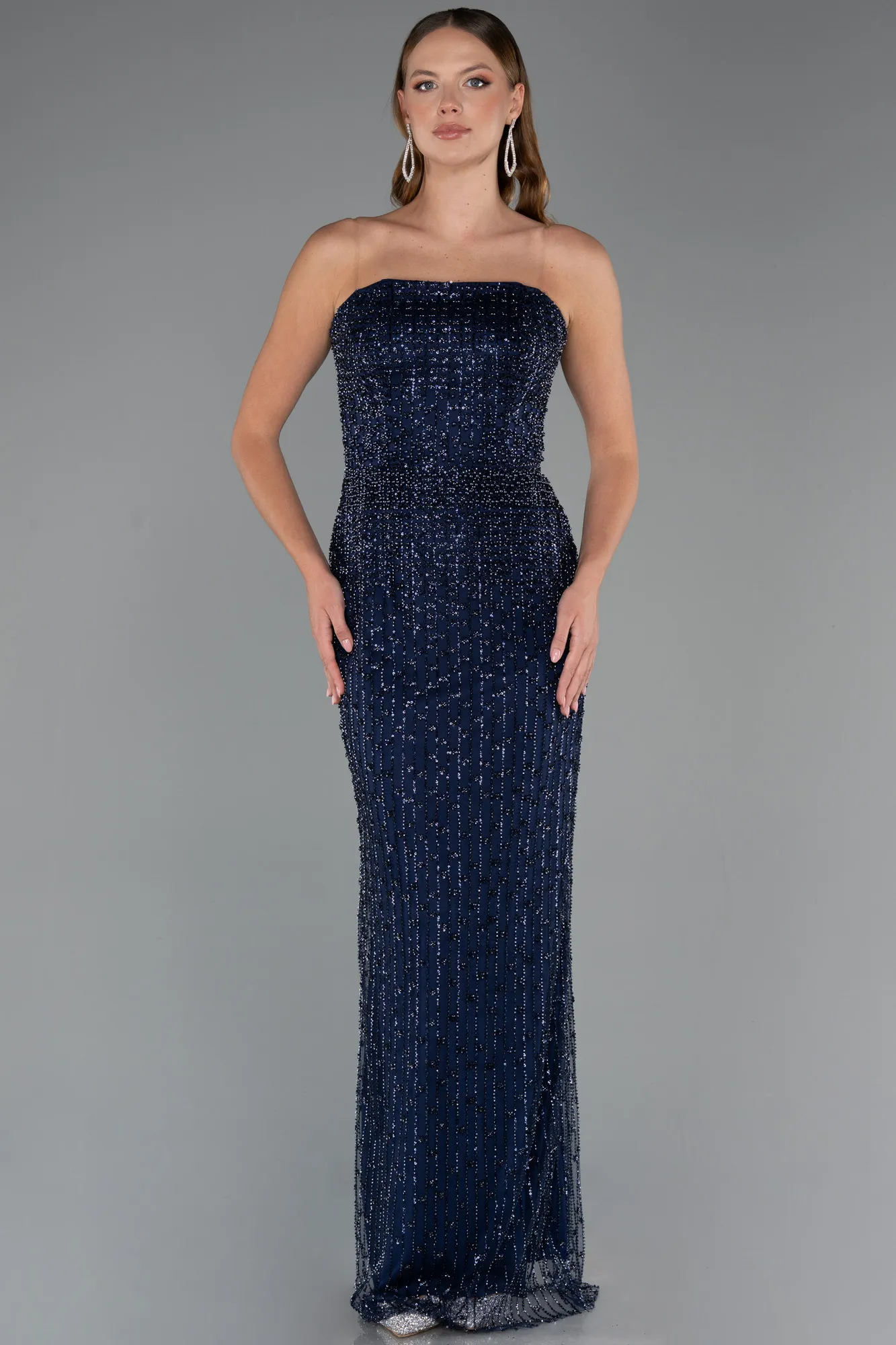 Navy Blue-Long Beaded Evening Dress ABU5483