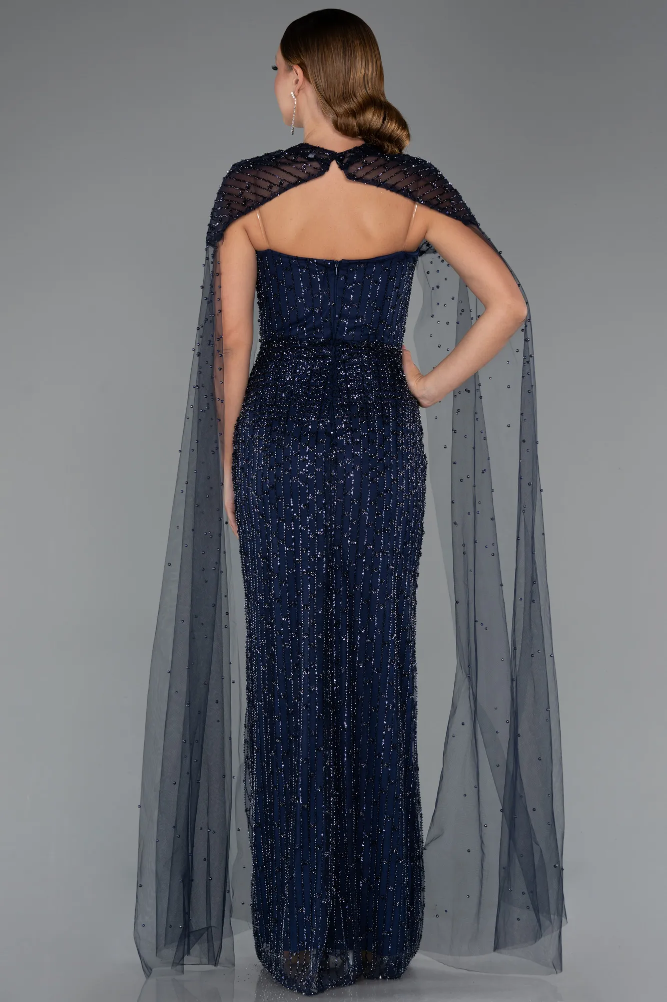 Navy Blue-Long Beaded Evening Dress ABU5483
