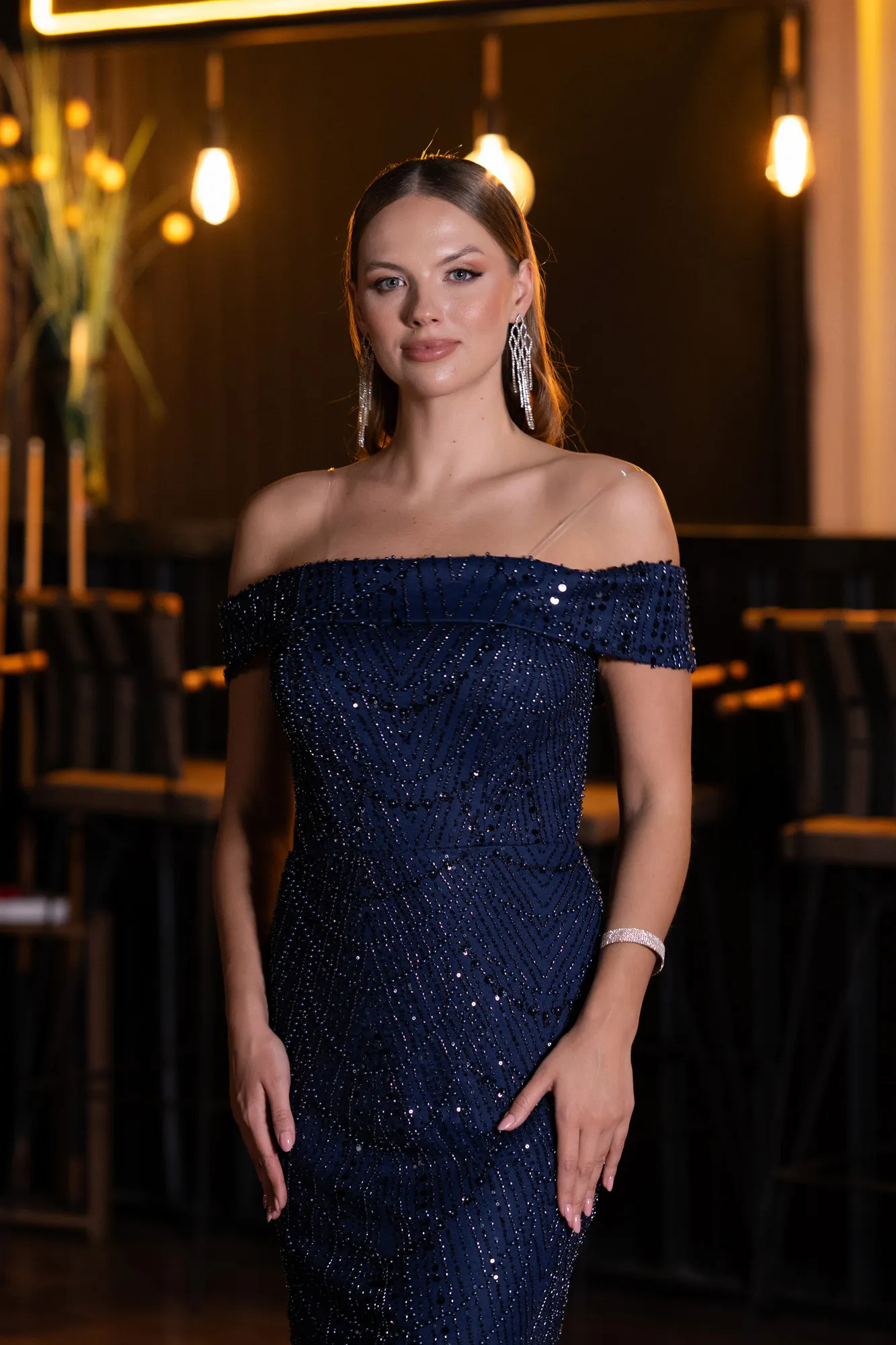 Navy Blue-Long Beaded Evening Dress ABU5492