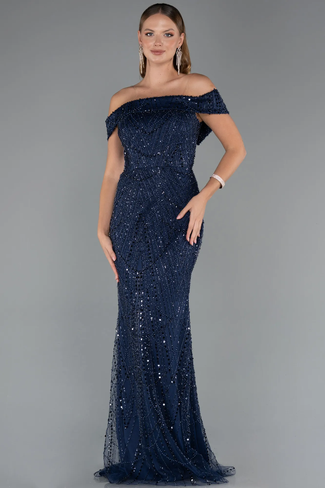 Navy Blue-Long Beaded Evening Dress ABU5492