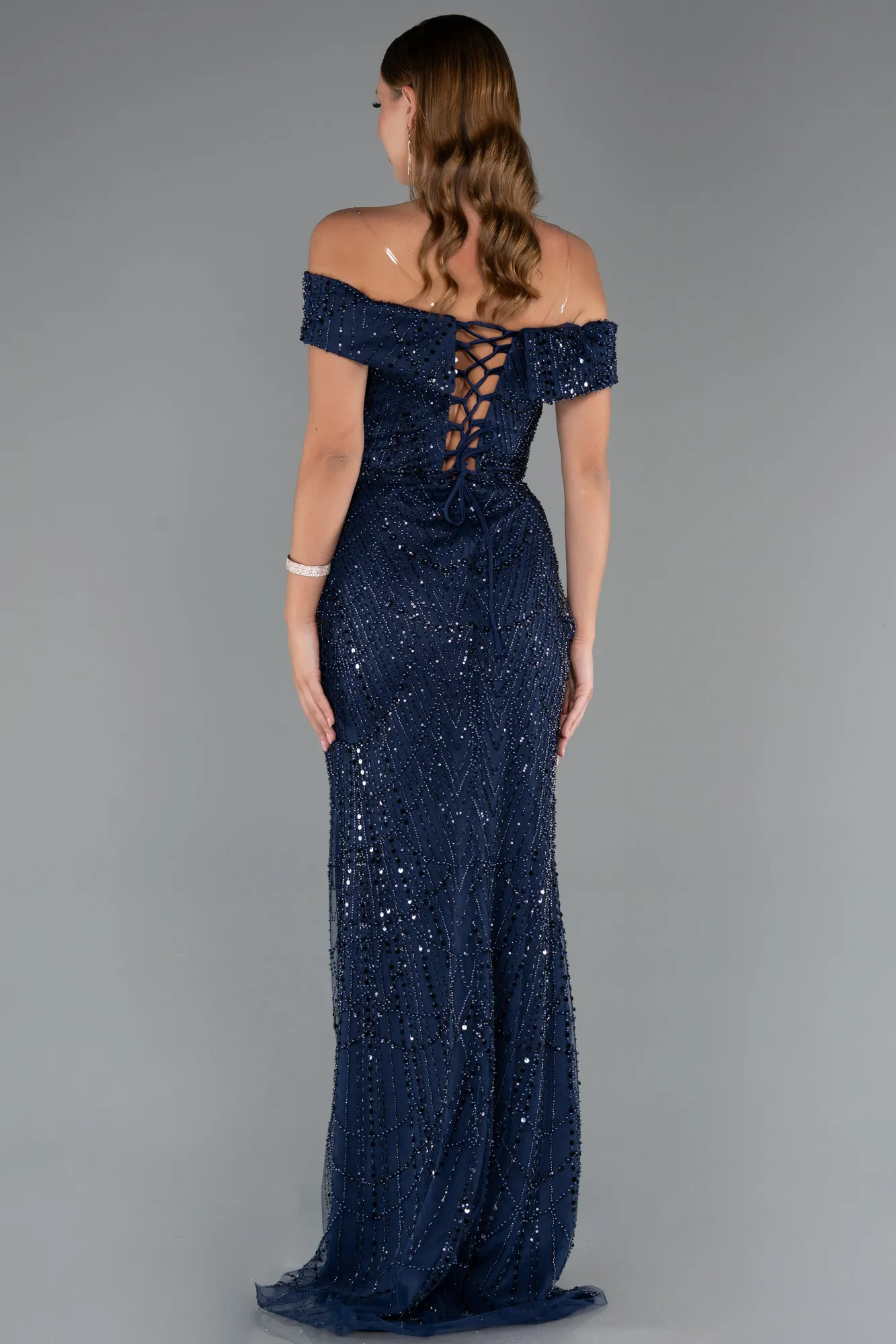 Navy Blue-Long Beaded Evening Dress ABU5492