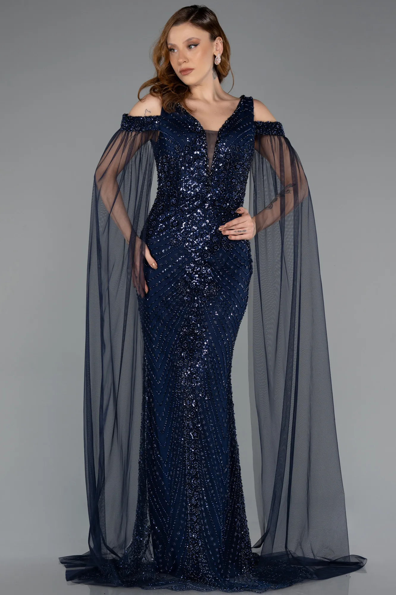 Navy Blue-Long Beaded Evening Dress ABU5497