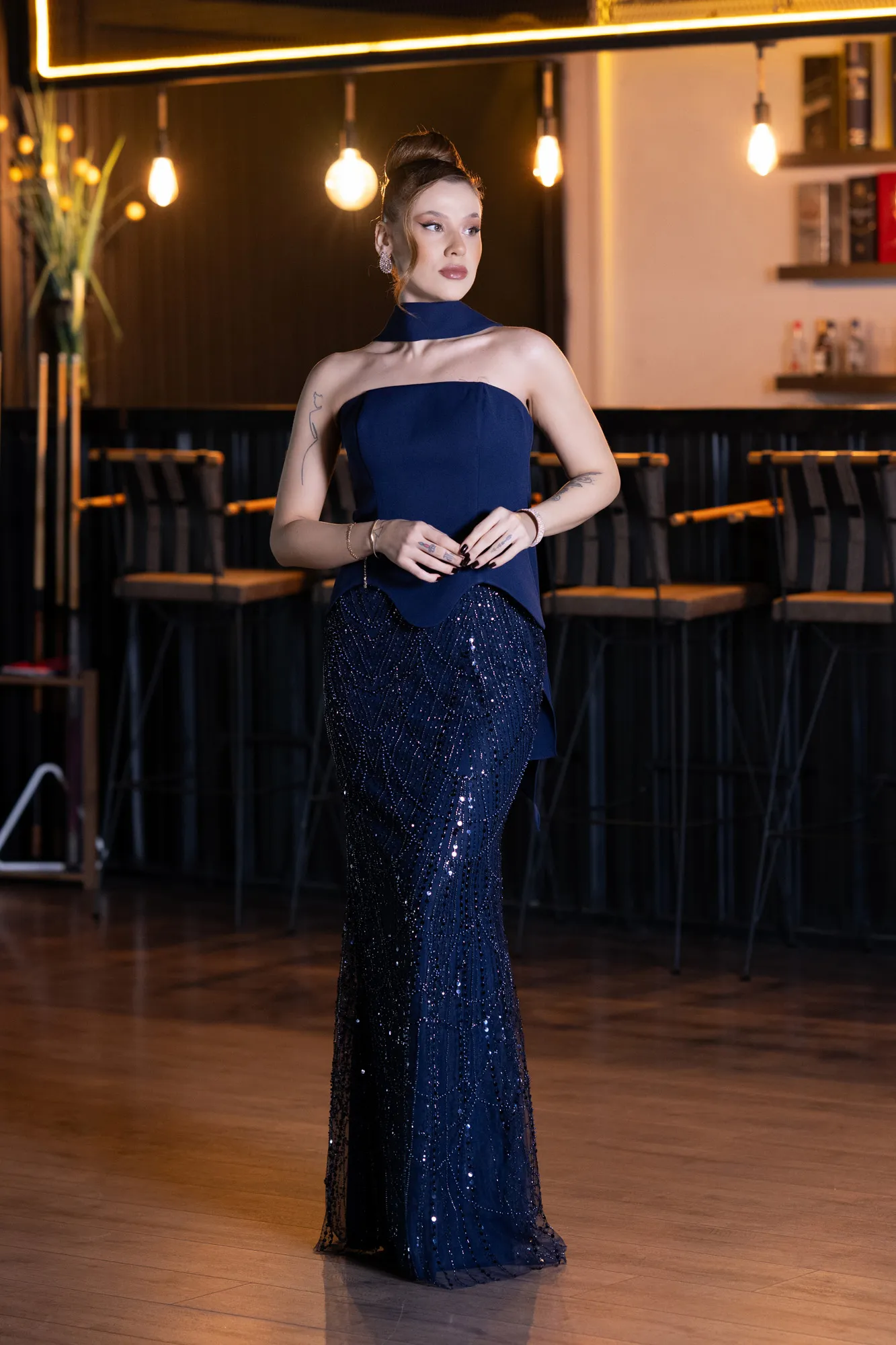 Navy Blue-Long Beaded Evening Dress ABU5508