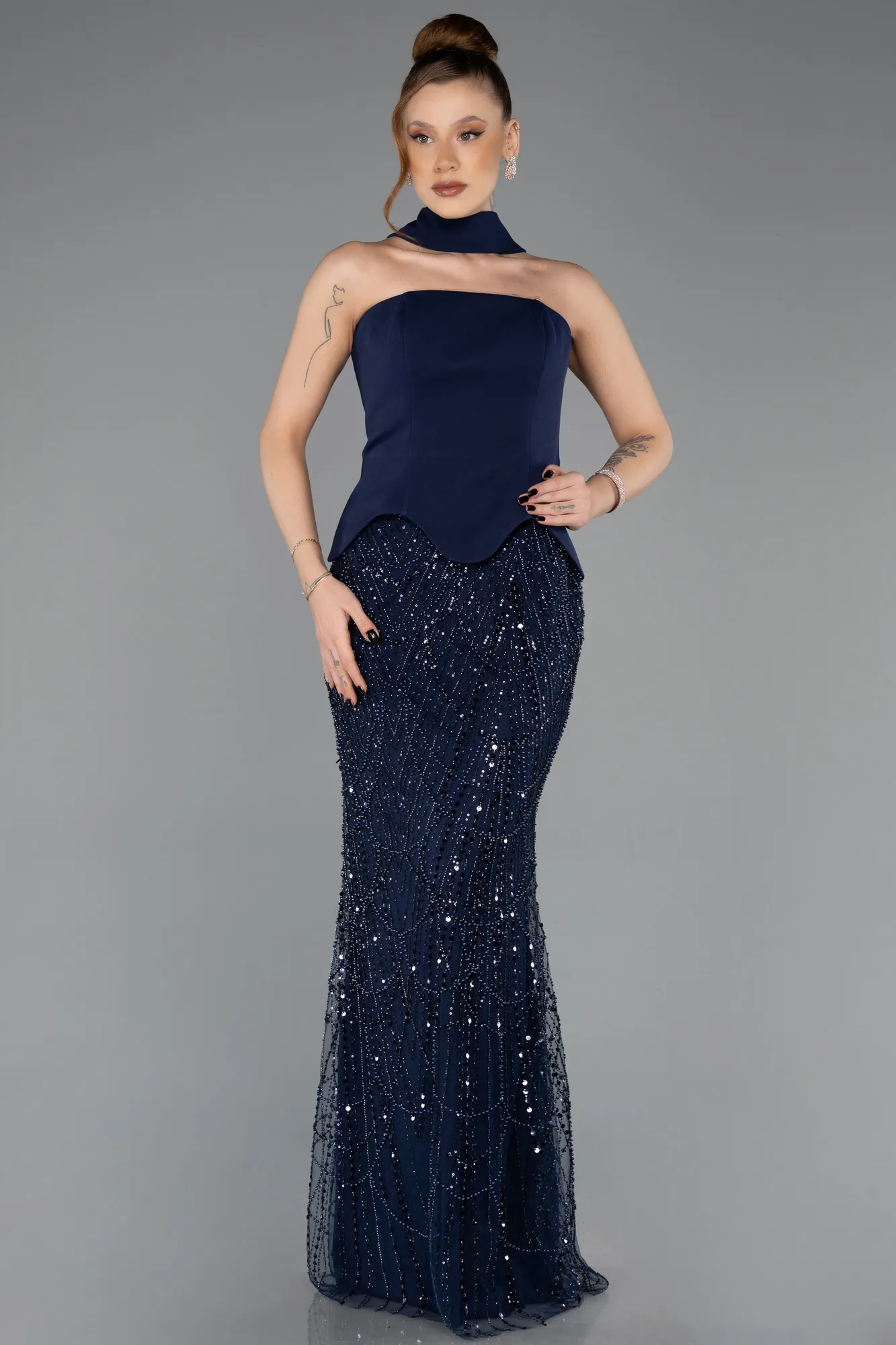 Navy Blue-Long Beaded Evening Dress ABU5508