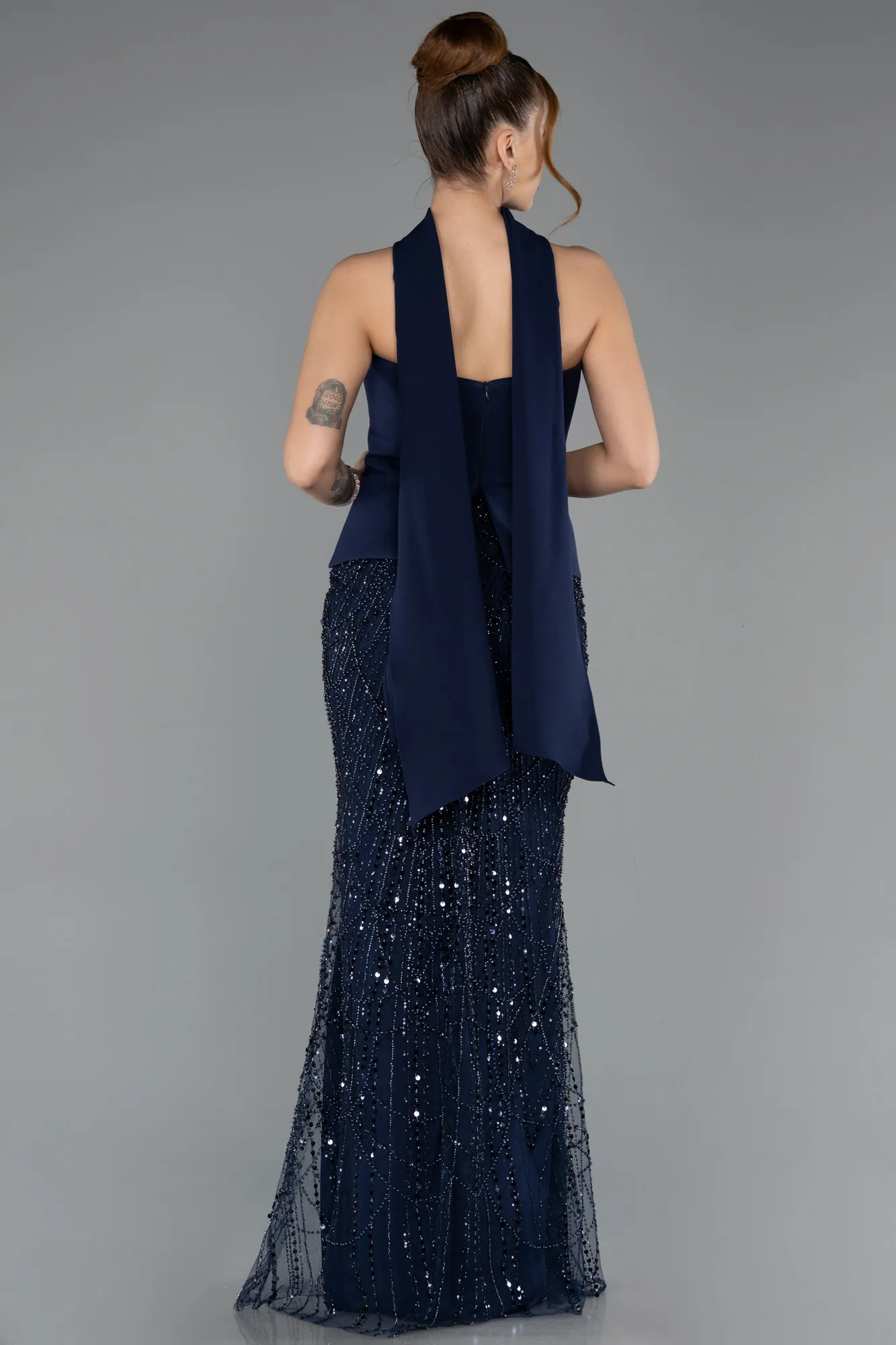 Navy Blue-Long Beaded Evening Dress ABU5508