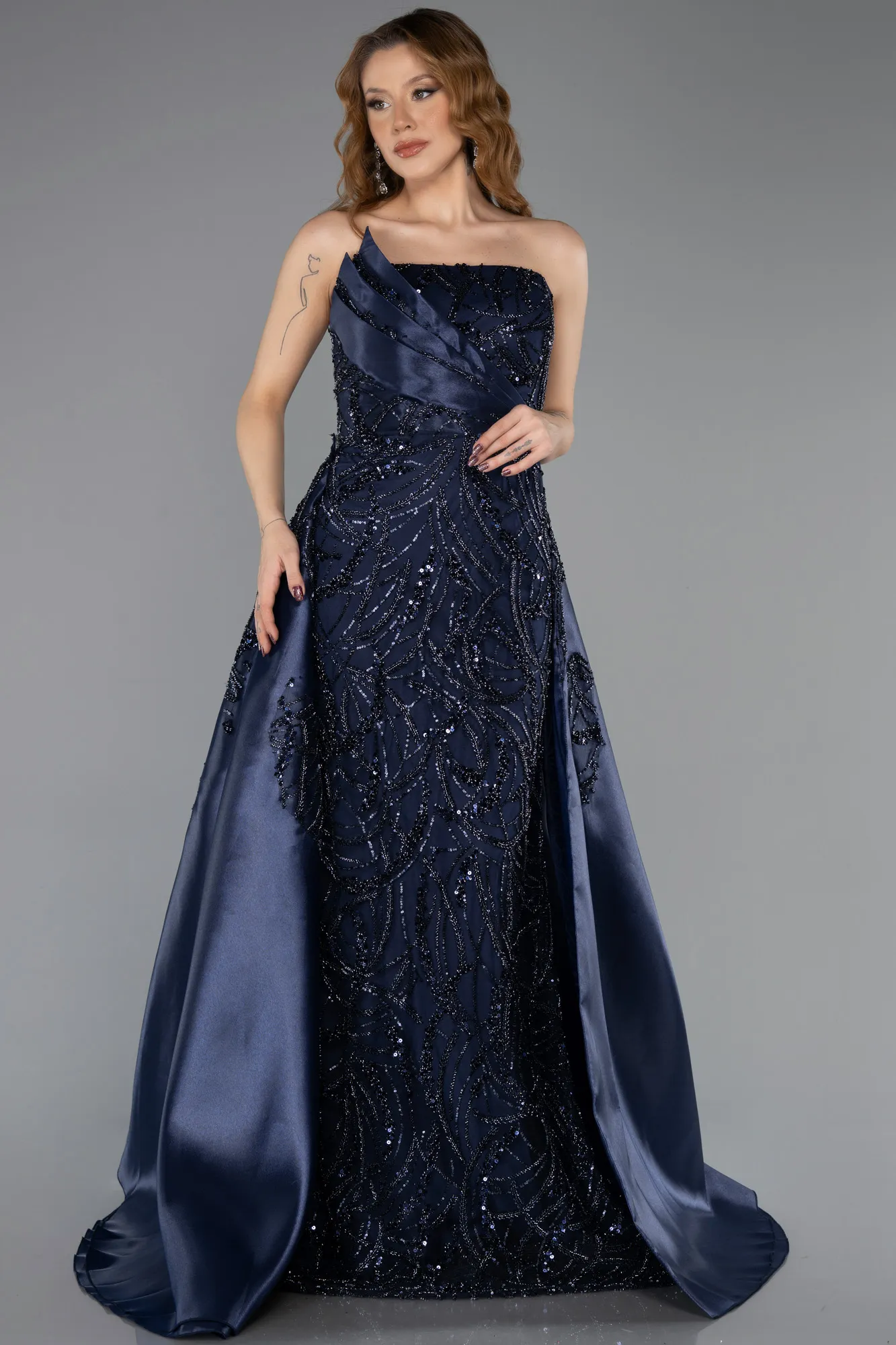 Navy Blue-Long Beaded Evening Dress ABU5511