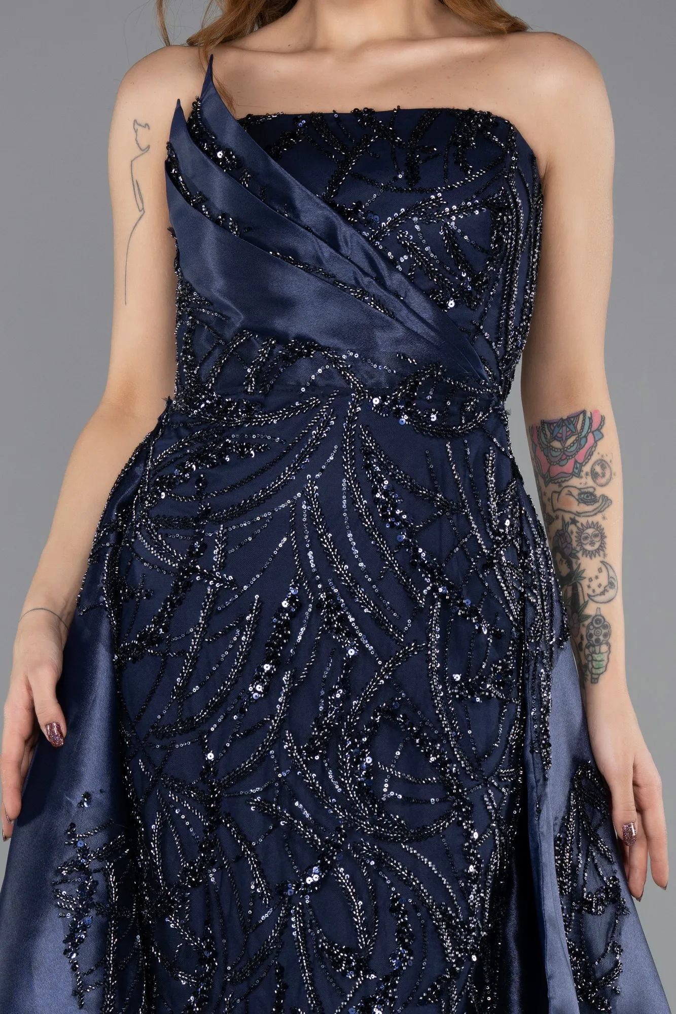 Navy Blue-Long Beaded Evening Dress ABU5511