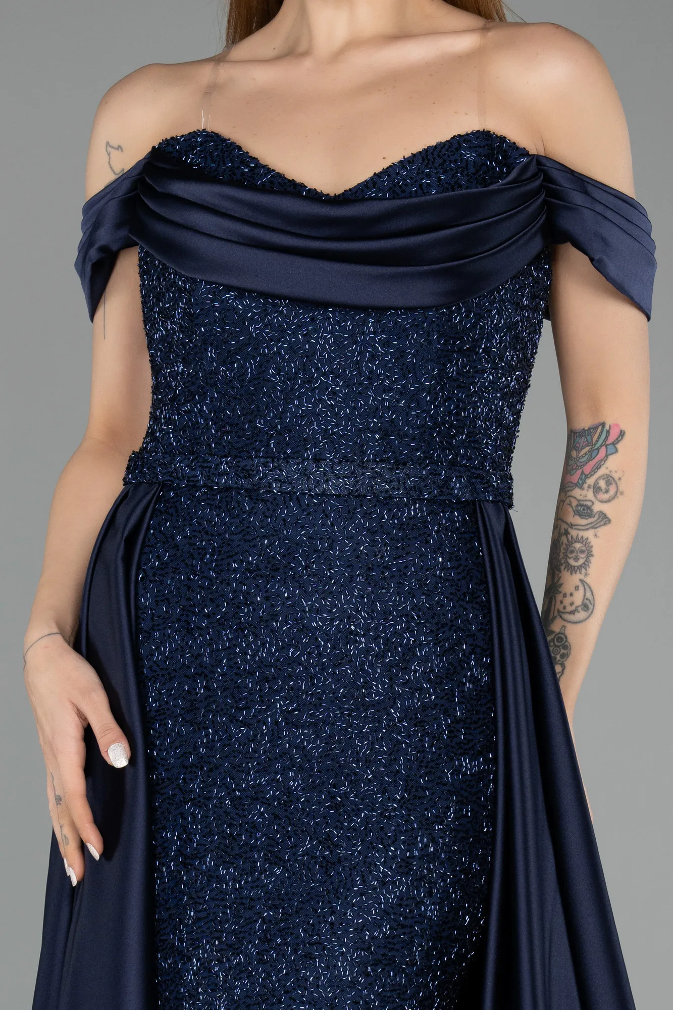 Navy Blue-Long Beaded Evening Dress ABU5542