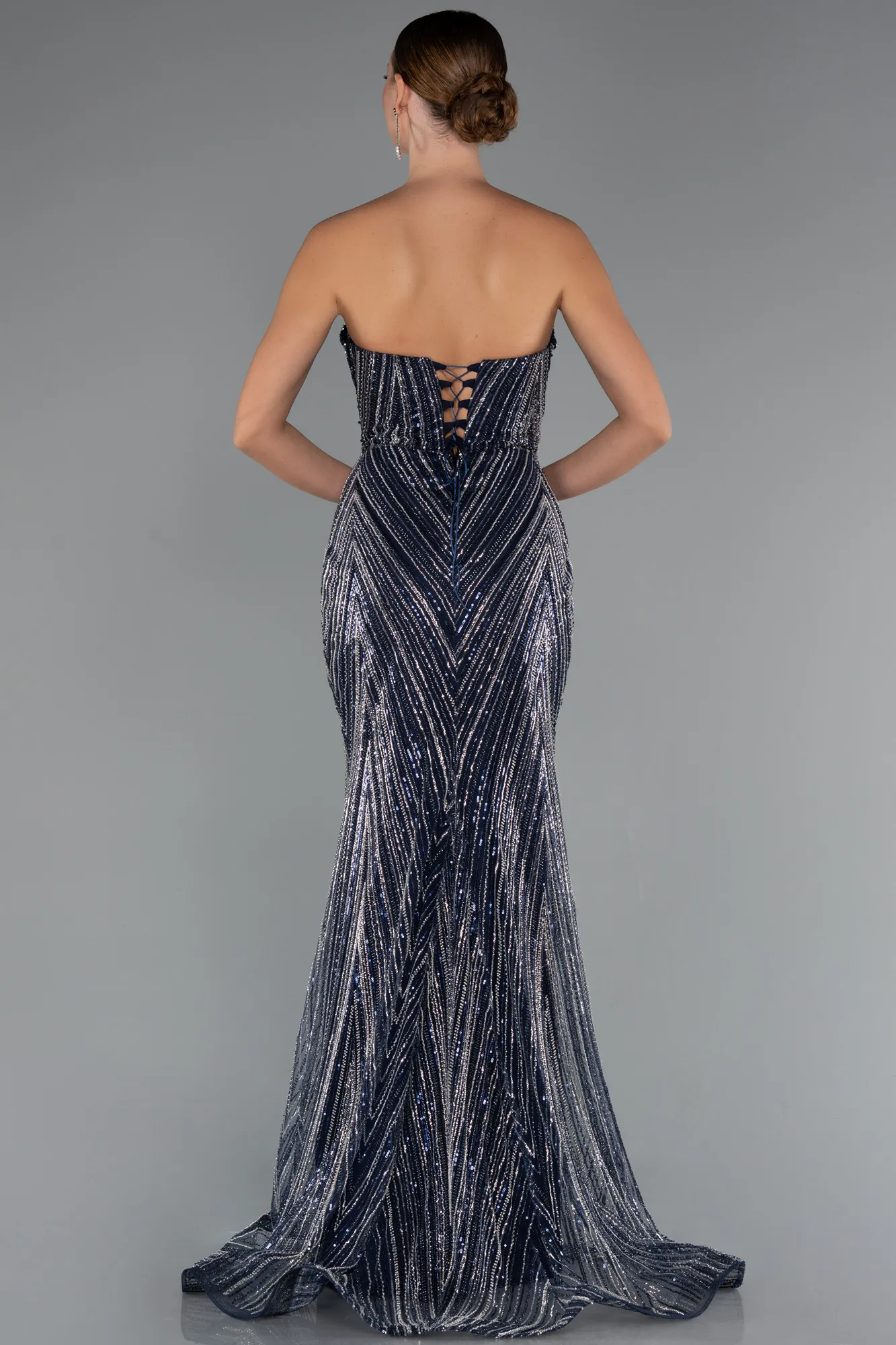 Navy Blue-Long Beaded Evening Dress ABU5584