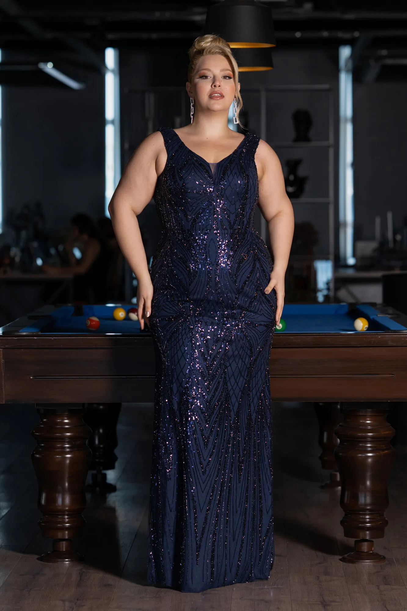 Navy Blue-Long Beaded Formal Plus Size Dress ABU5188