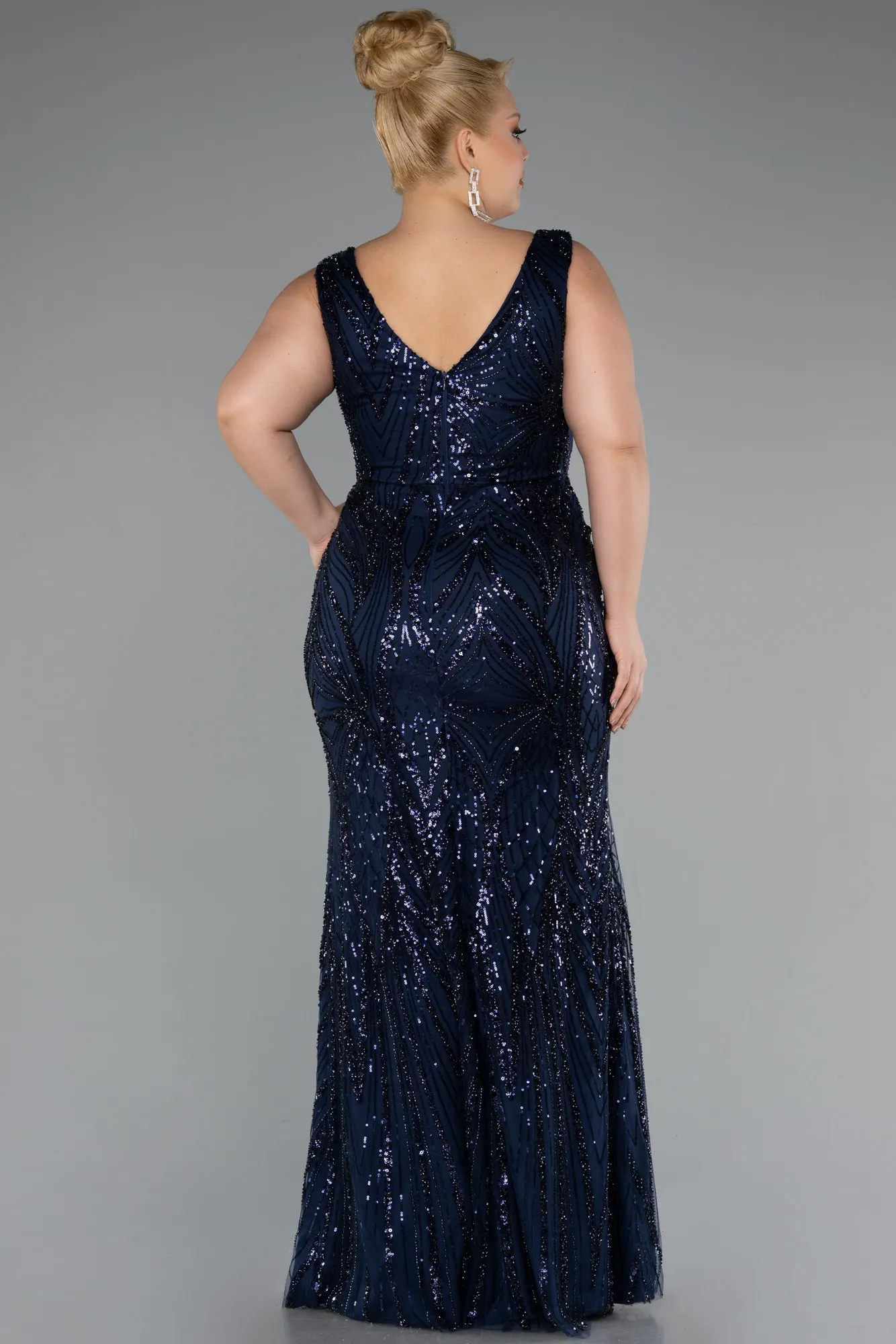 Navy Blue-Long Beaded Formal Plus Size Dress ABU5188