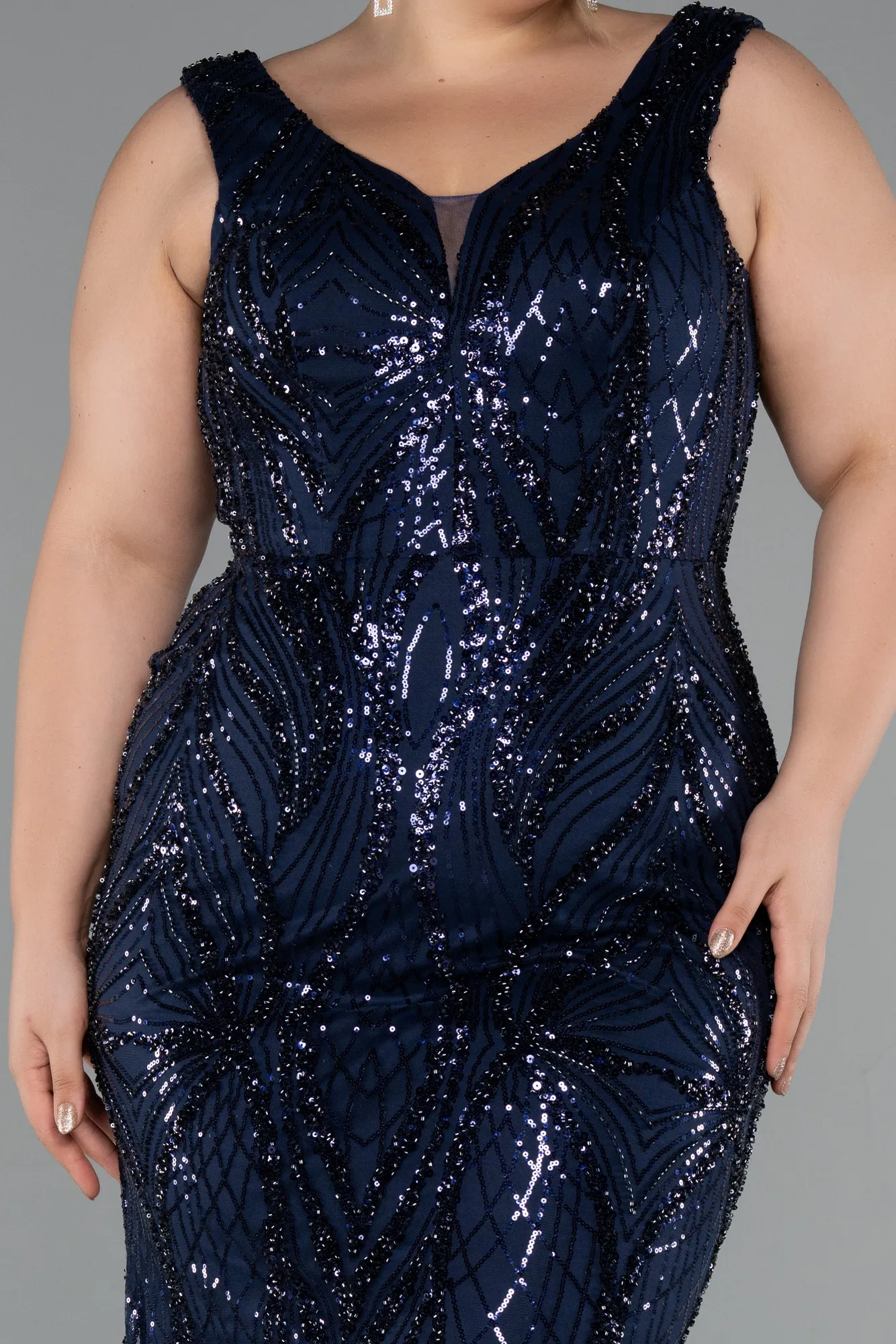 Navy Blue-Long Beaded Formal Plus Size Dress ABU5188