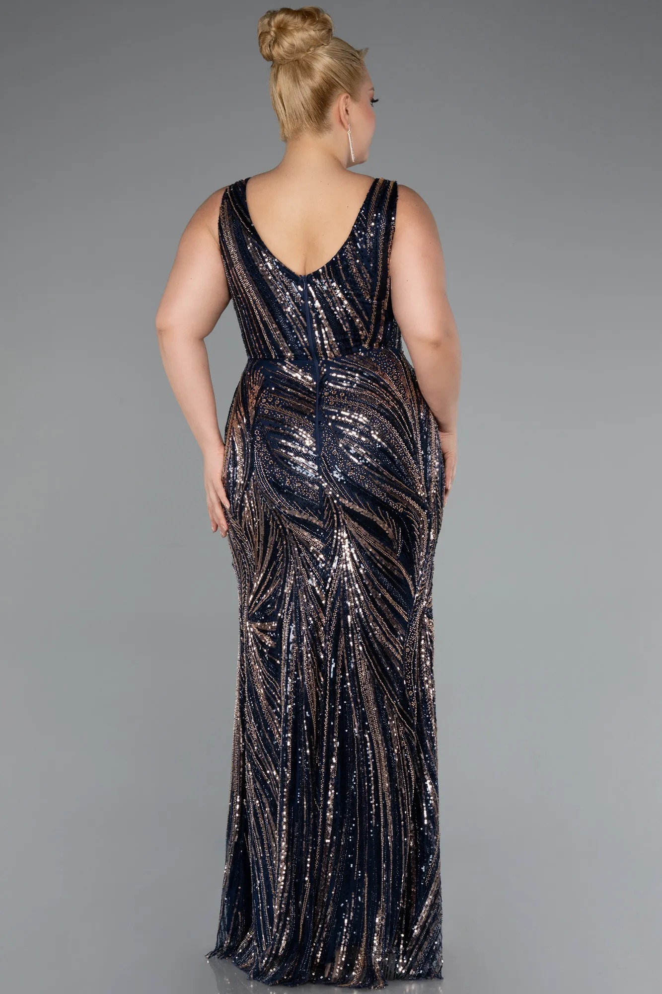 Navy Blue-Long Beaded Formal Plus Size Dress ABU5189