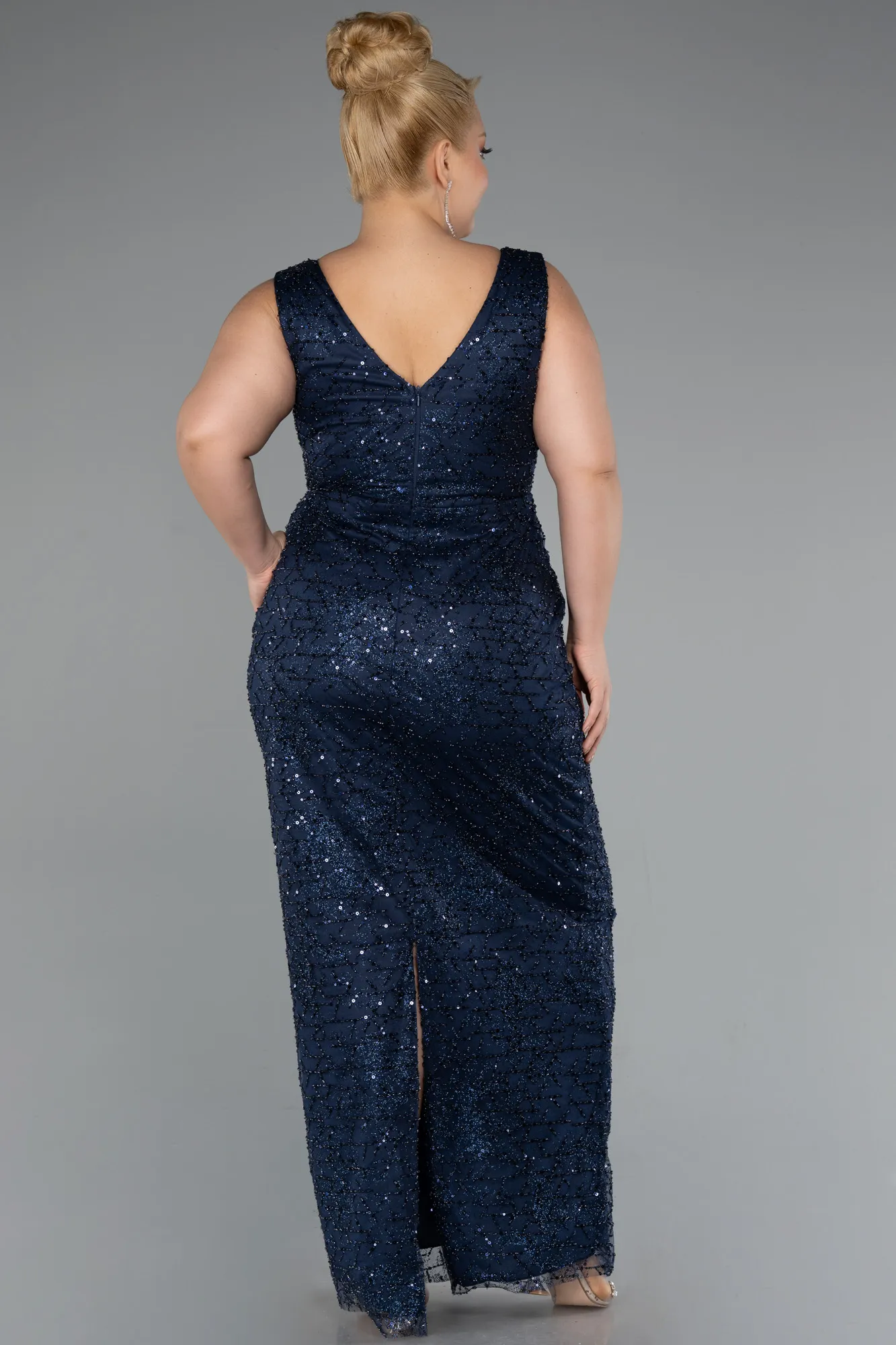 Navy Blue-Long Beaded Formal Plus Size Dress ABU5190