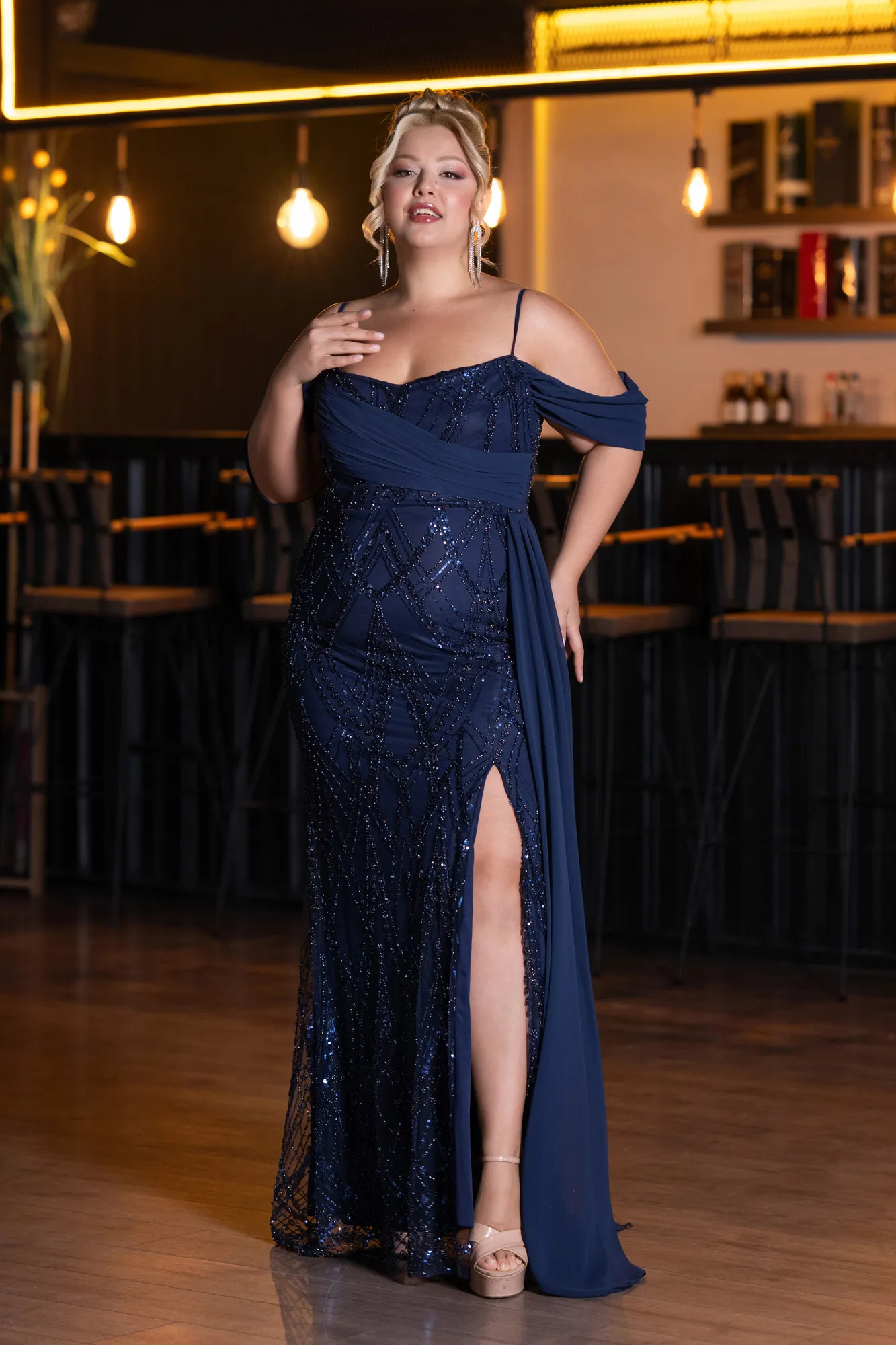 Navy Blue-Long Beaded Formal Plus Size Dress ABU5319