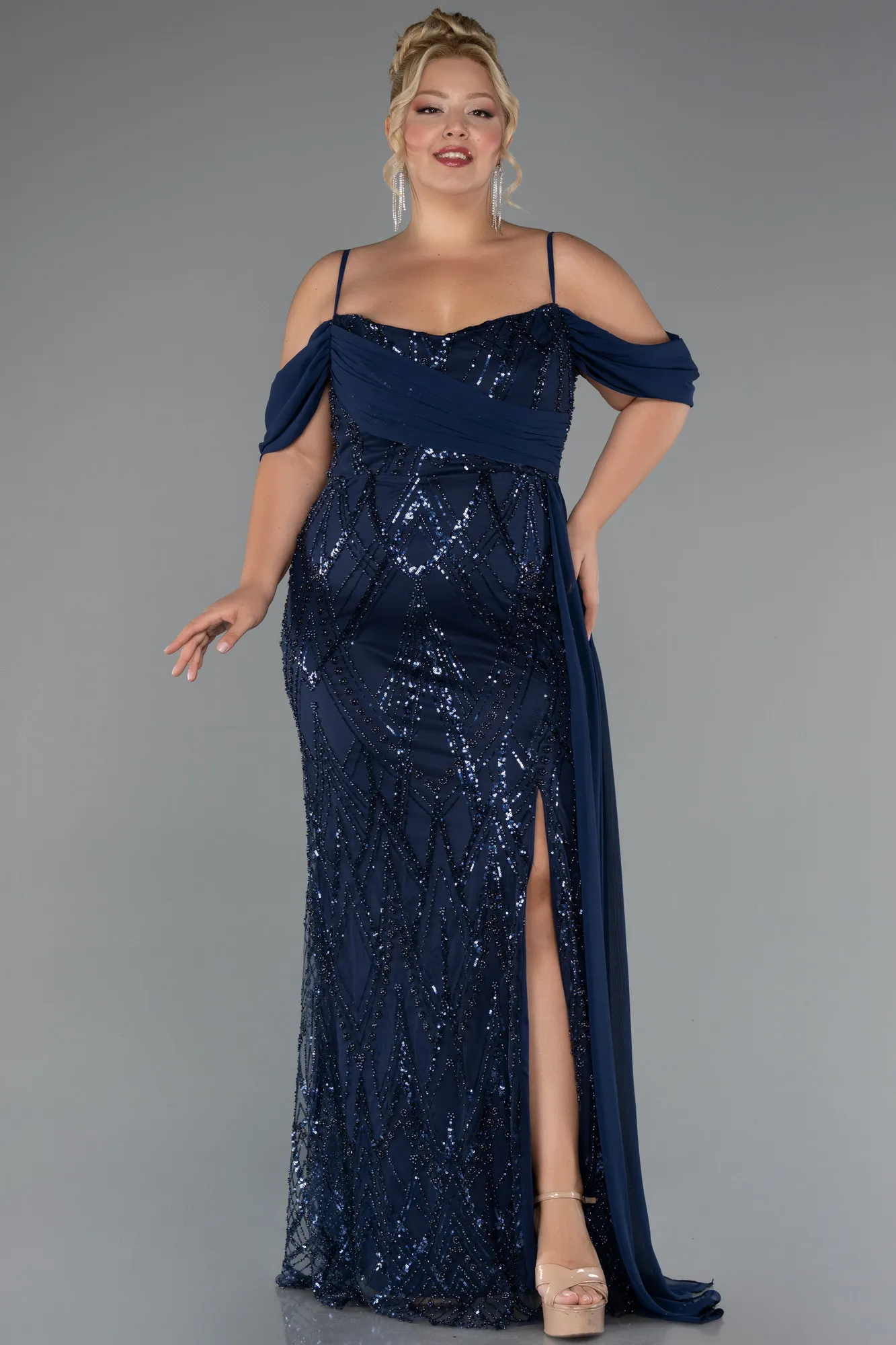 Navy Blue-Long Beaded Formal Plus Size Dress ABU5319