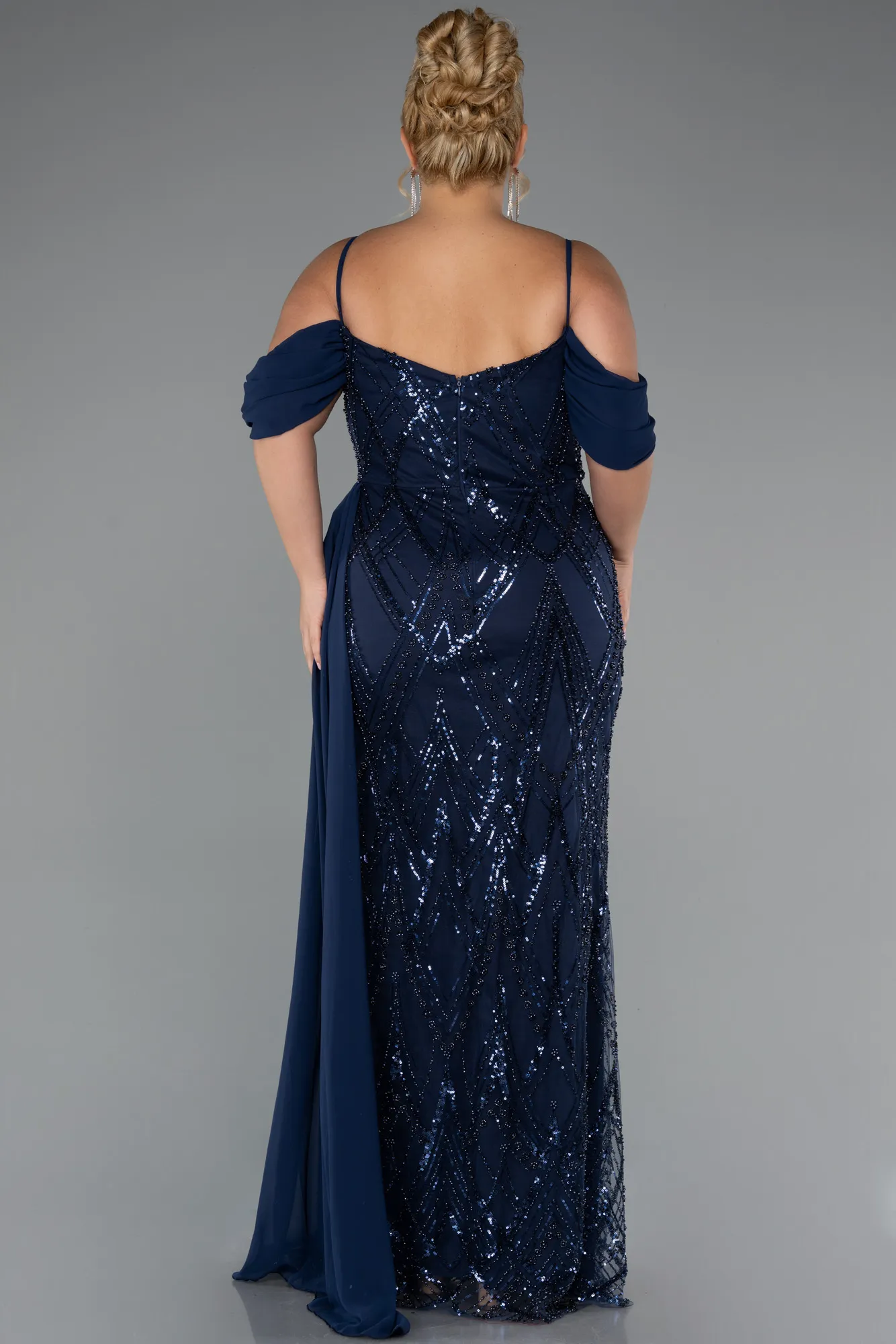 Navy Blue-Long Beaded Formal Plus Size Dress ABU5319