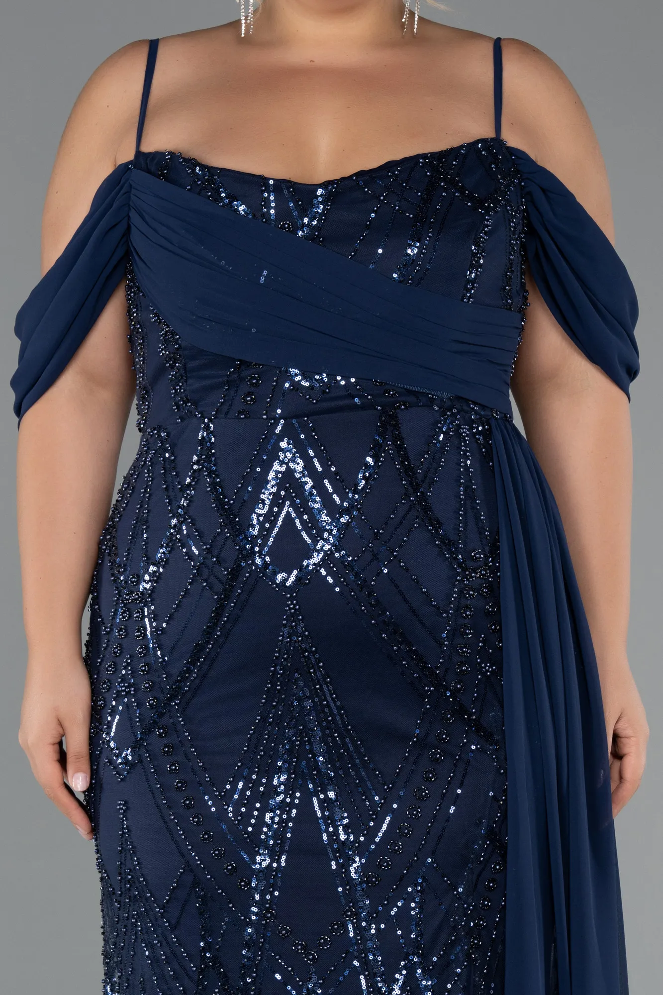 Navy Blue-Long Beaded Formal Plus Size Dress ABU5319