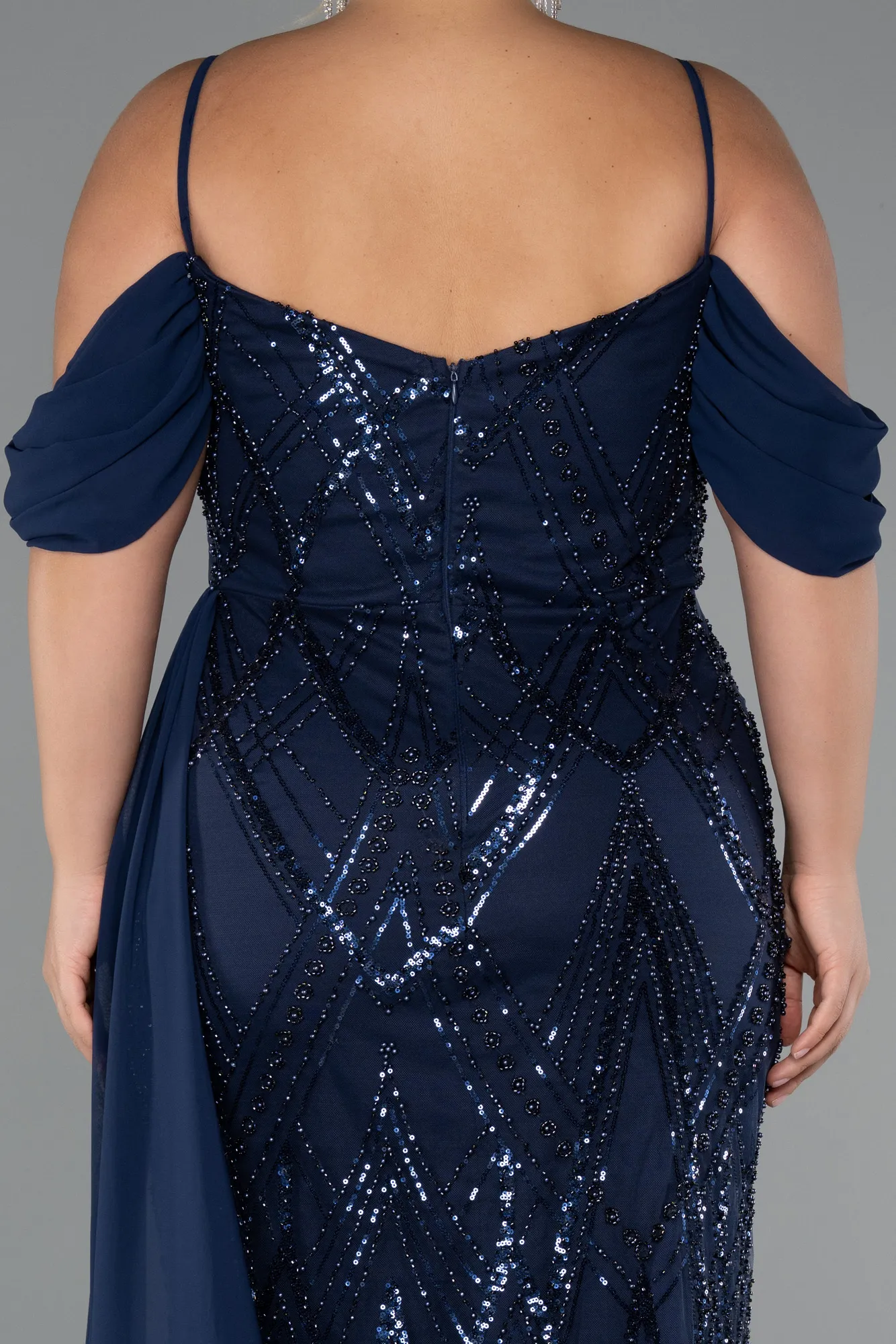 Navy Blue-Long Beaded Formal Plus Size Dress ABU5319