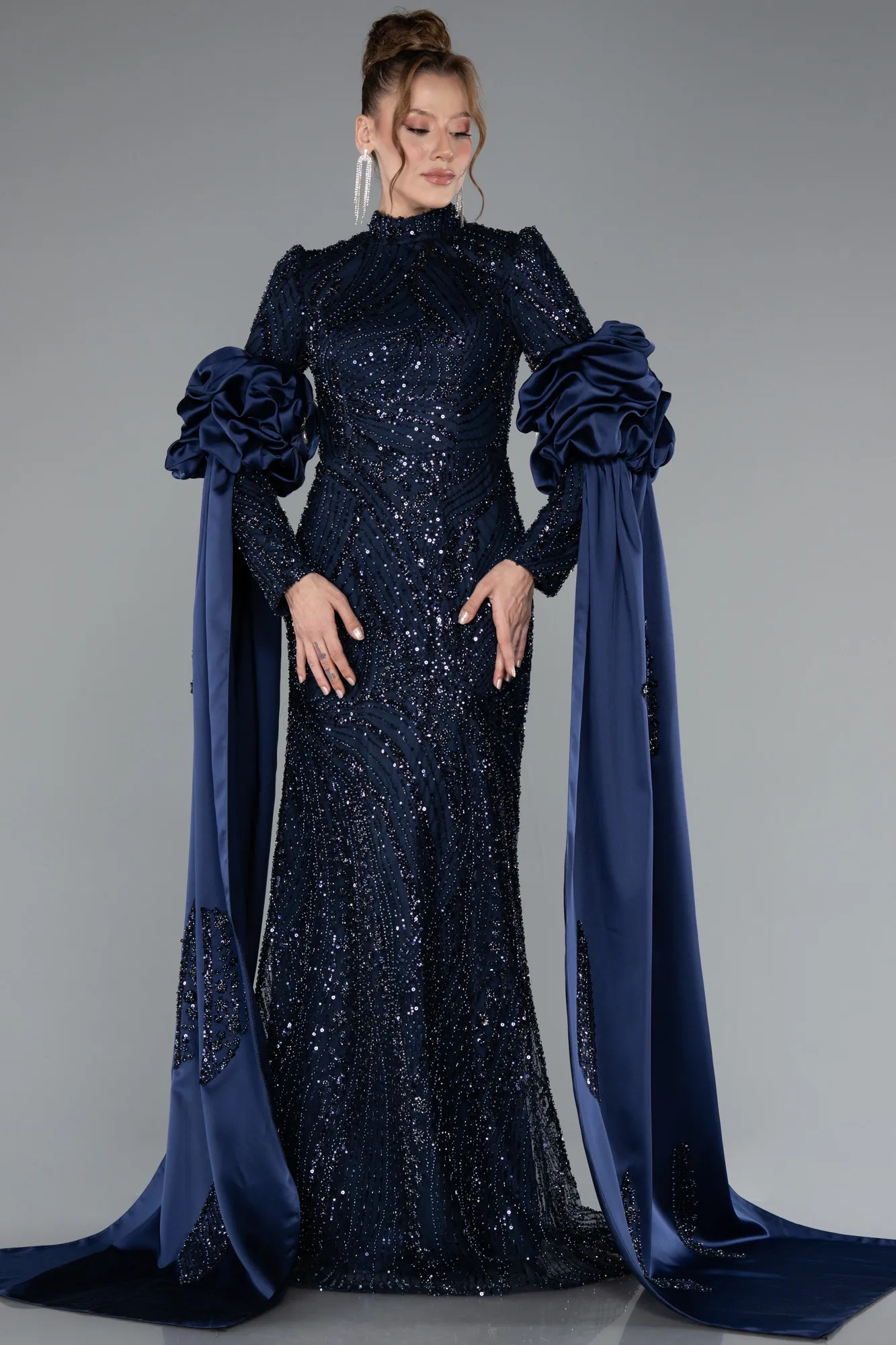 Navy Blue-Long Beaded Hijab Dress ABU4992