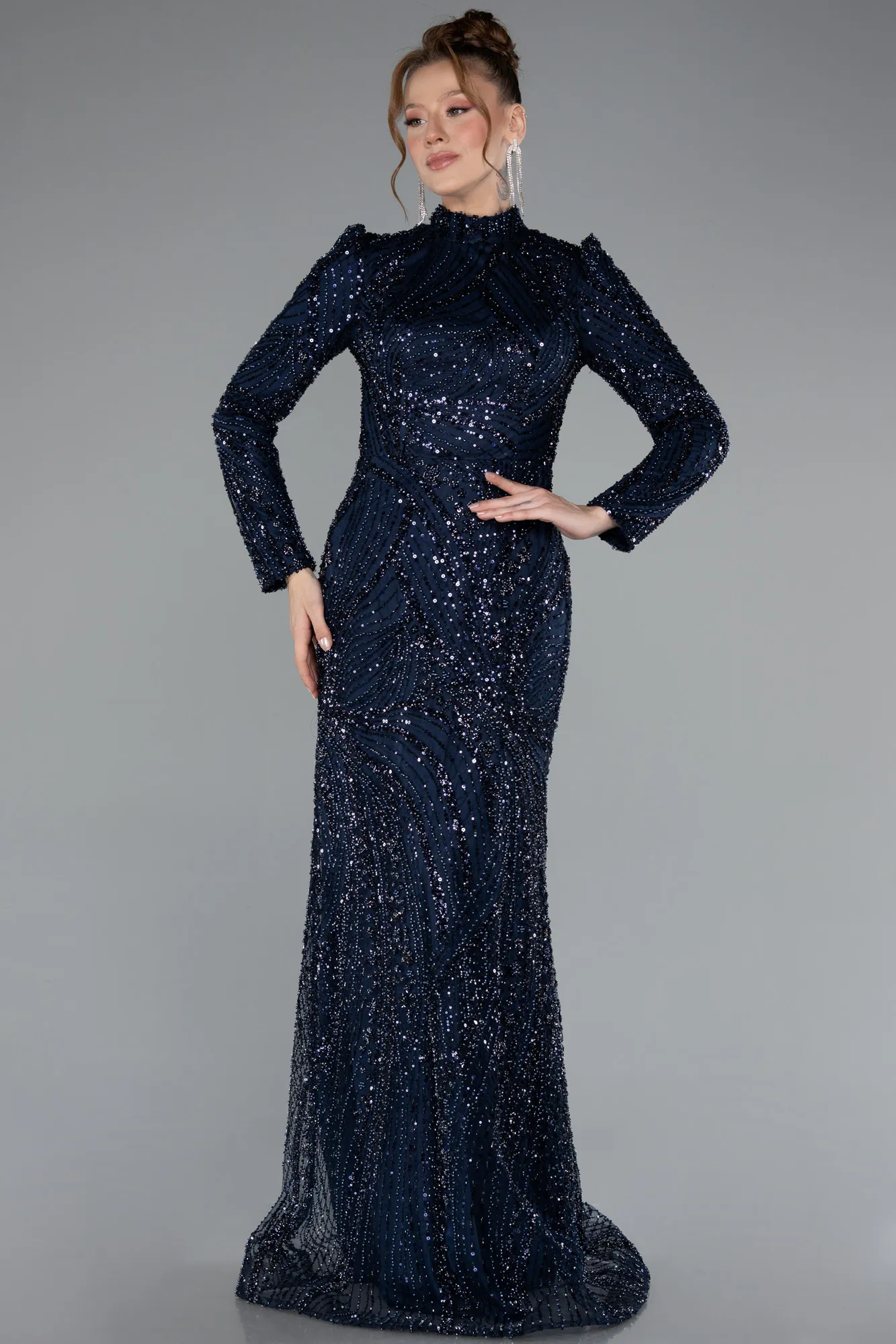 Navy Blue-Long Beaded Hijab Dress ABU4992