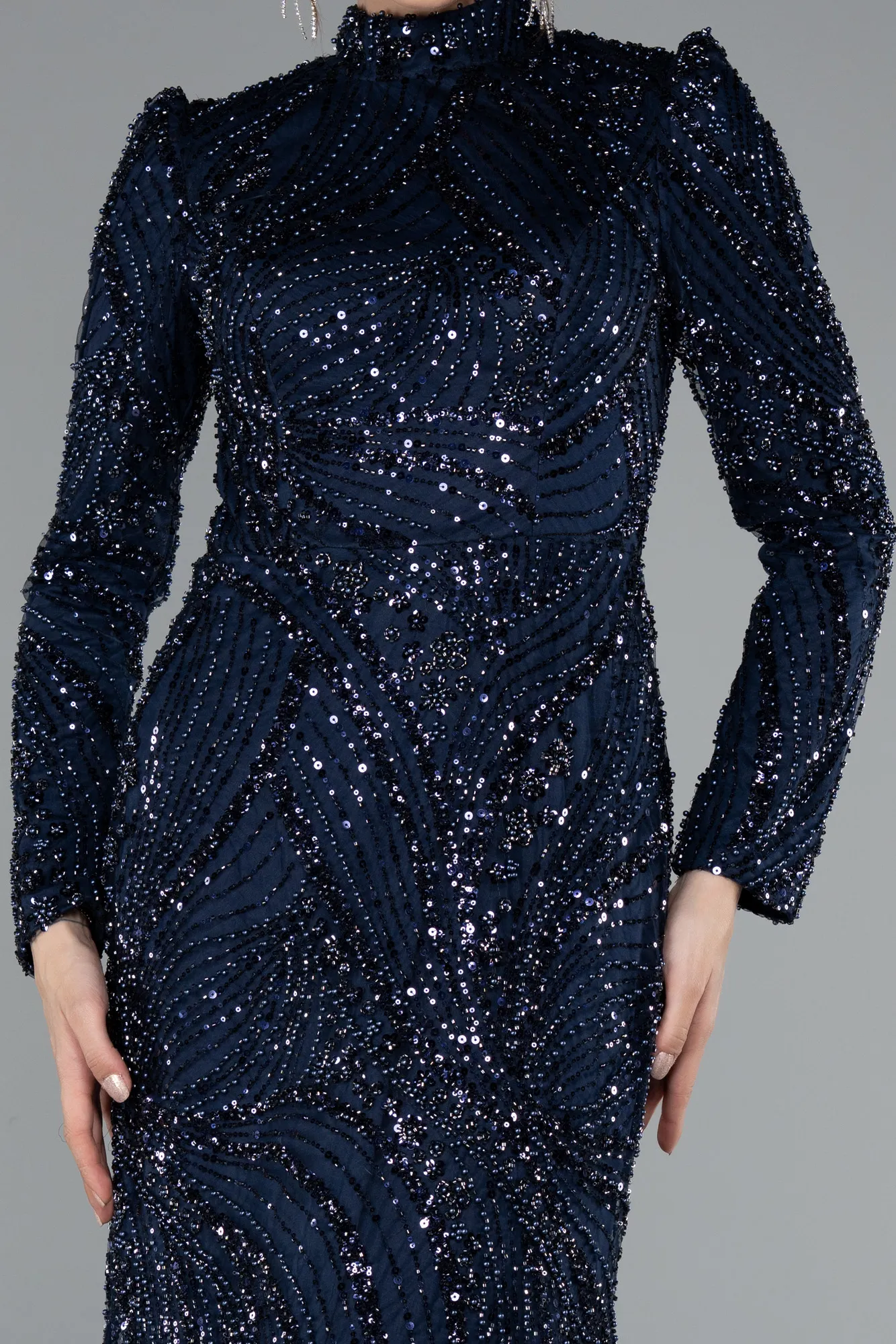 Navy Blue-Long Beaded Hijab Dress ABU4992