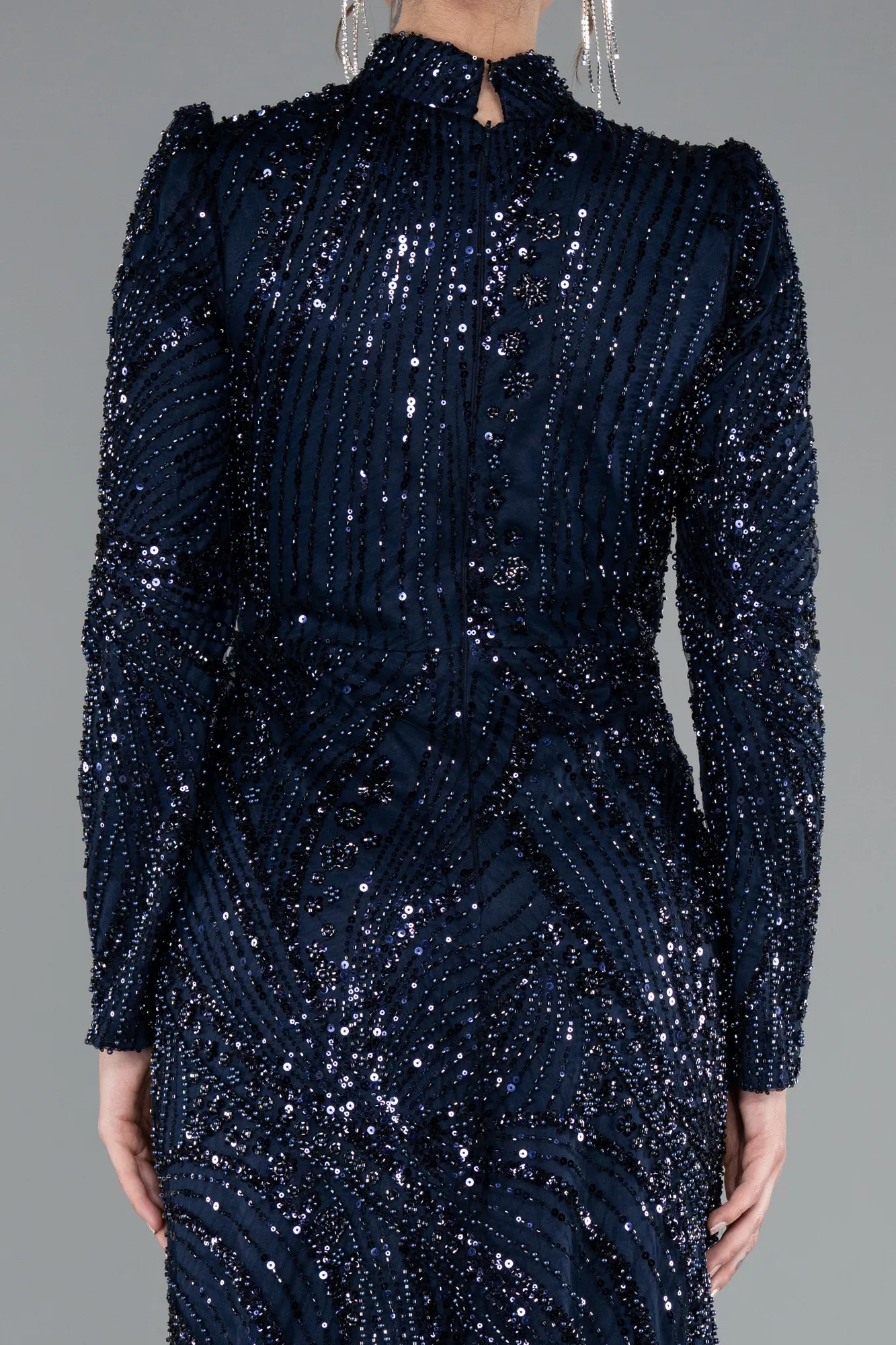 Navy Blue-Long Beaded Hijab Dress ABU4992