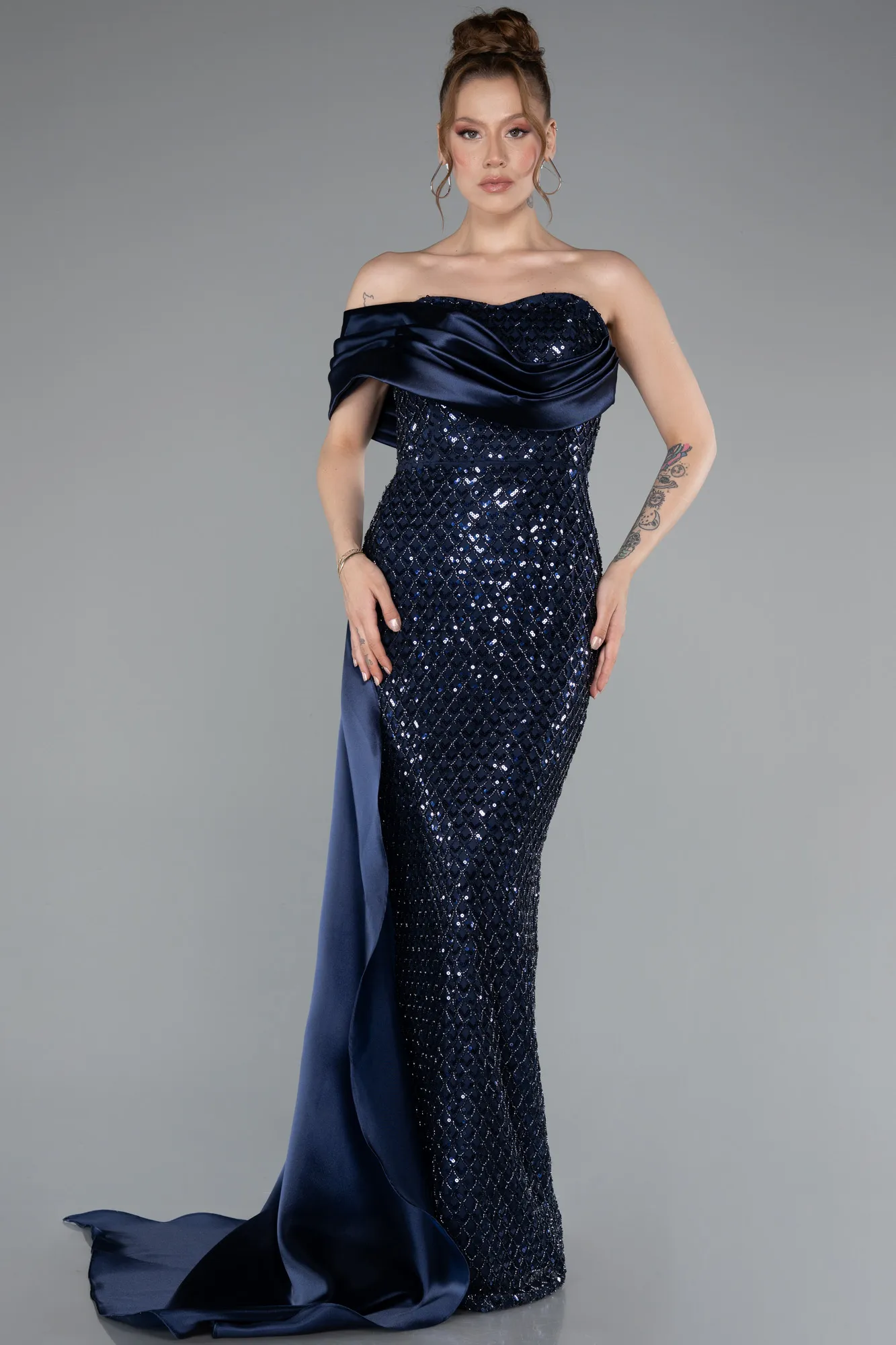 Navy Blue-Long Beaded Mermaid Evening Gown ABU4986