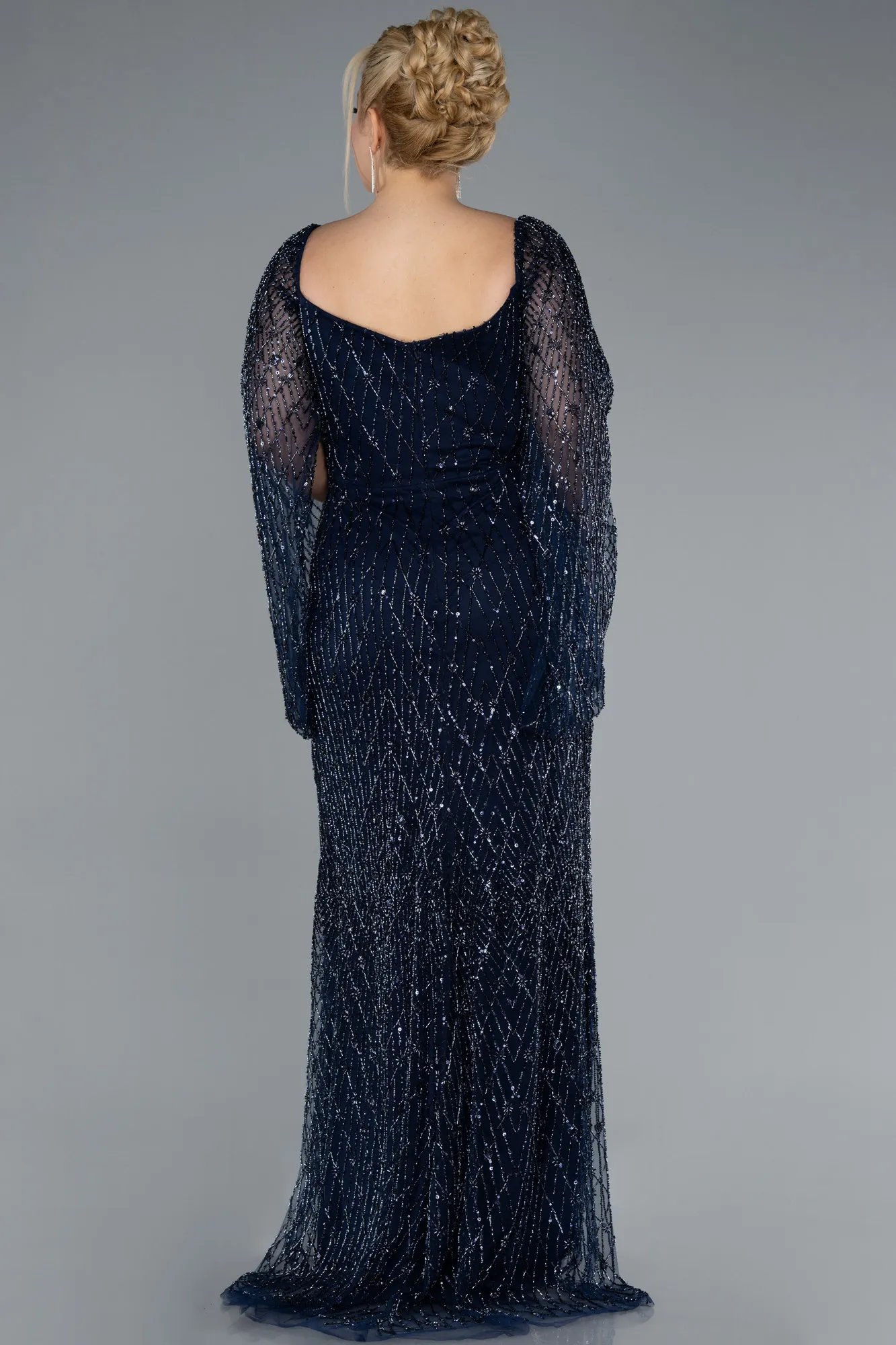 Navy Blue-Long Beaded Plus Size Engagement Dress ABU4640