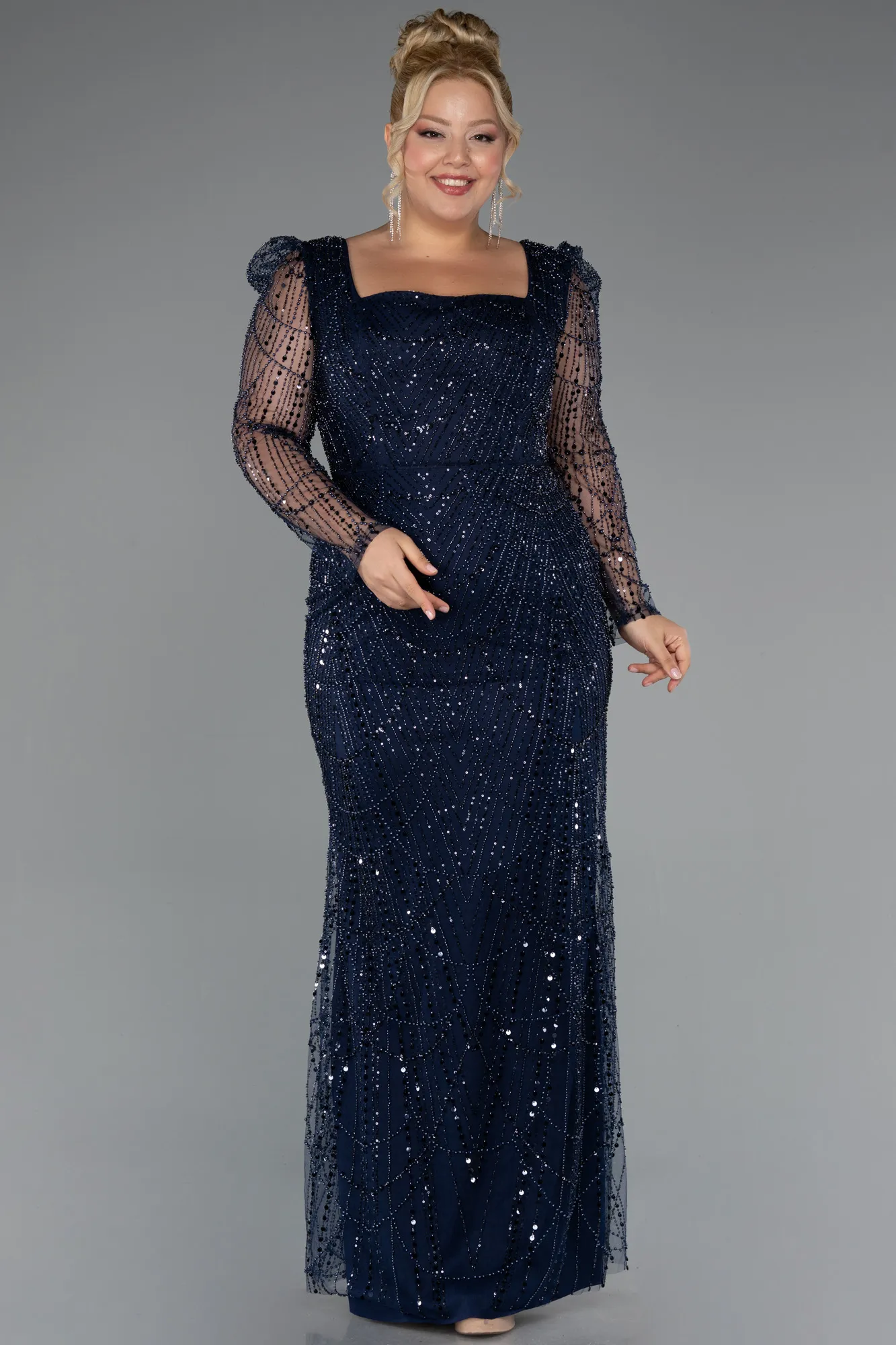 Navy Blue-Long Beaded Plus Size Engagement Dress ABU4761