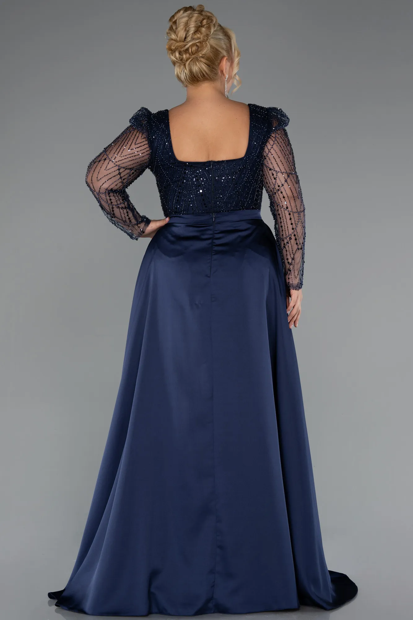 Navy Blue-Long Beaded Plus Size Engagement Dress ABU4761