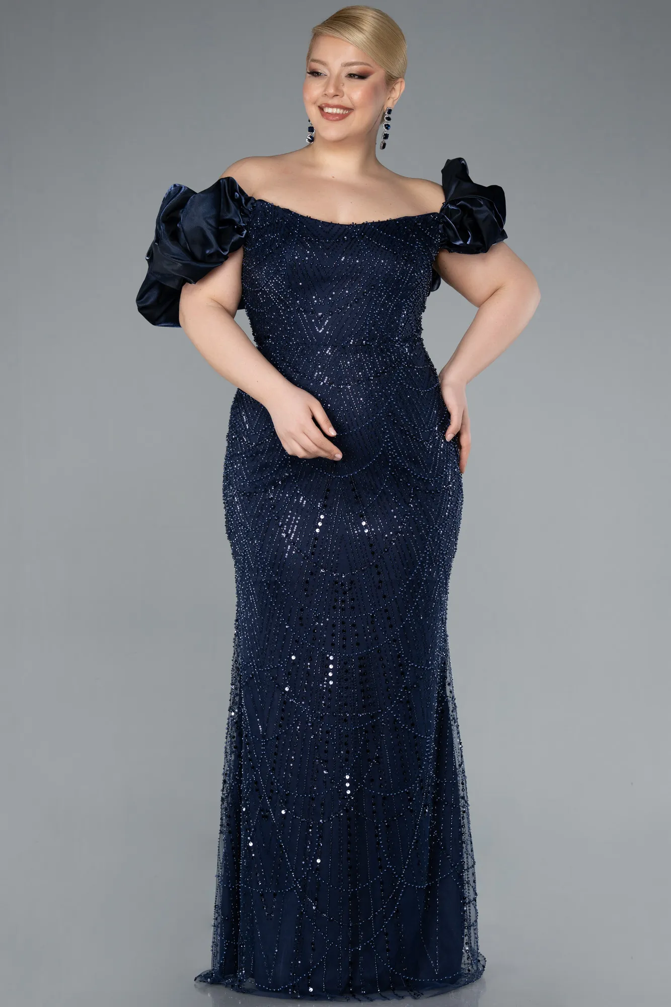 Navy Blue-Long Beaded Plus Size Engagement Dress ABU4788